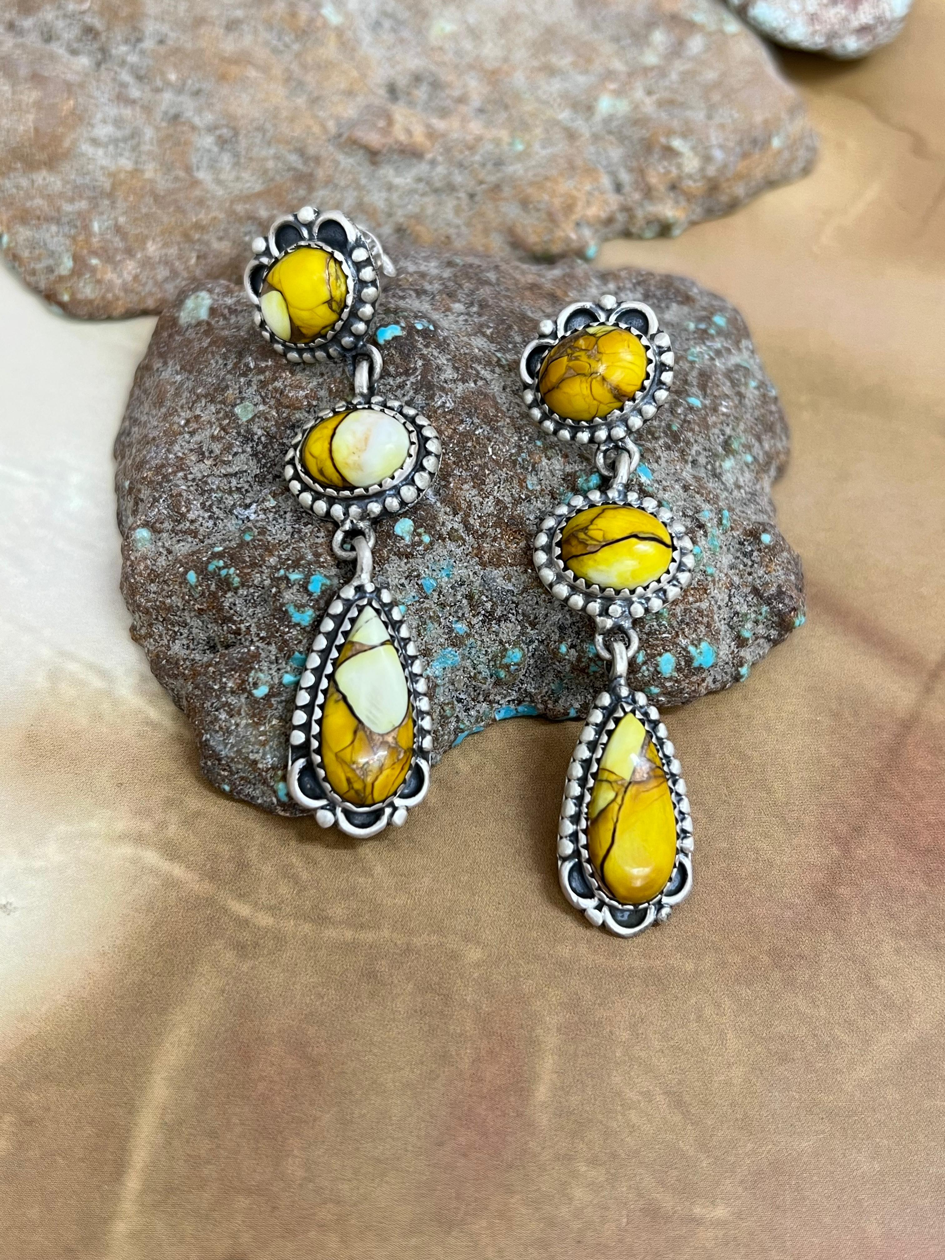 Handmade Sterling Silver Honey Dahlia Post Dangle Earrings with Signed Nizhoni