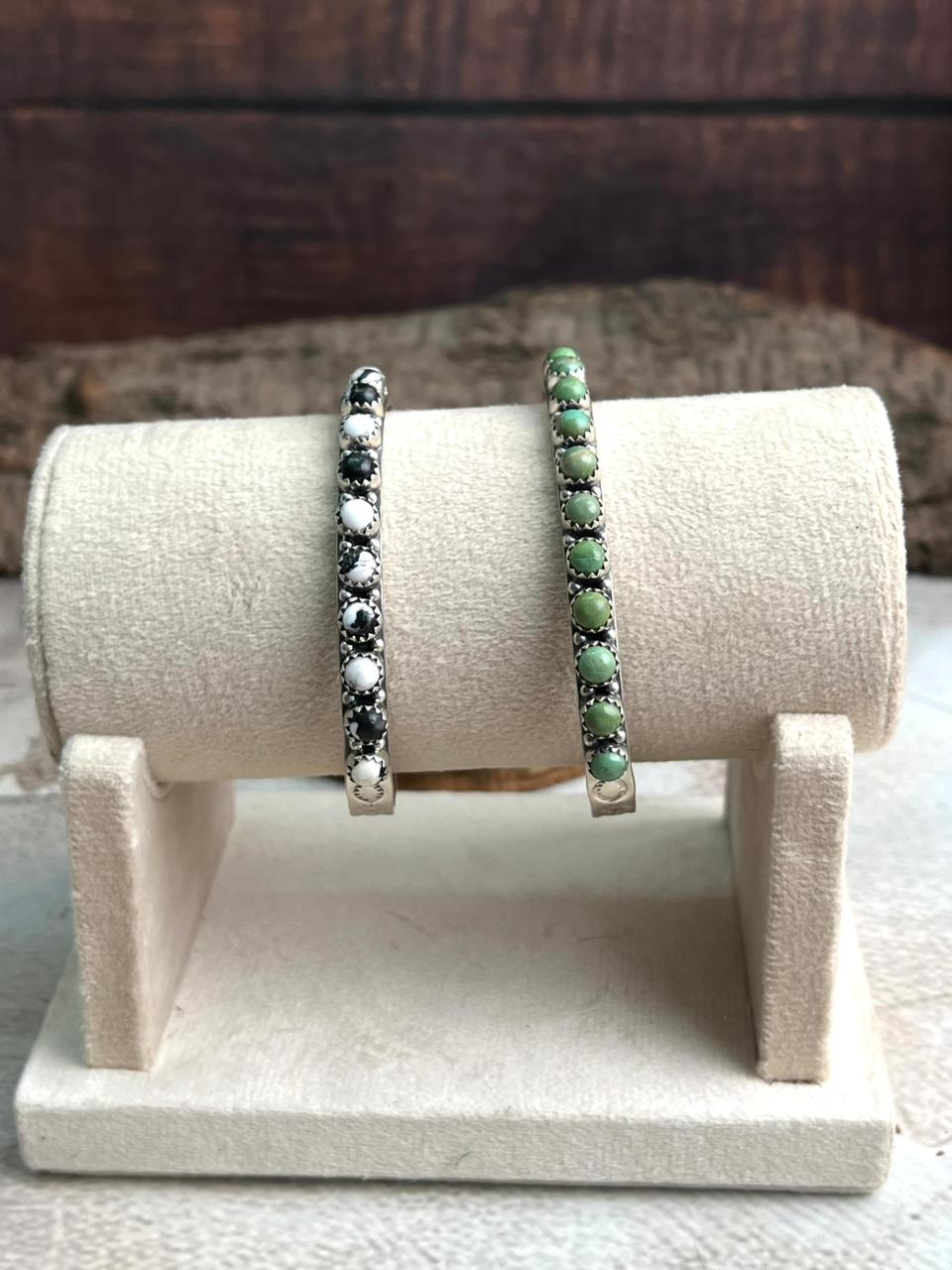 Handmade Sterling Silver White Buffalo, Kingman Turquoise Cuff Bracelet "Signed Nizhoni"