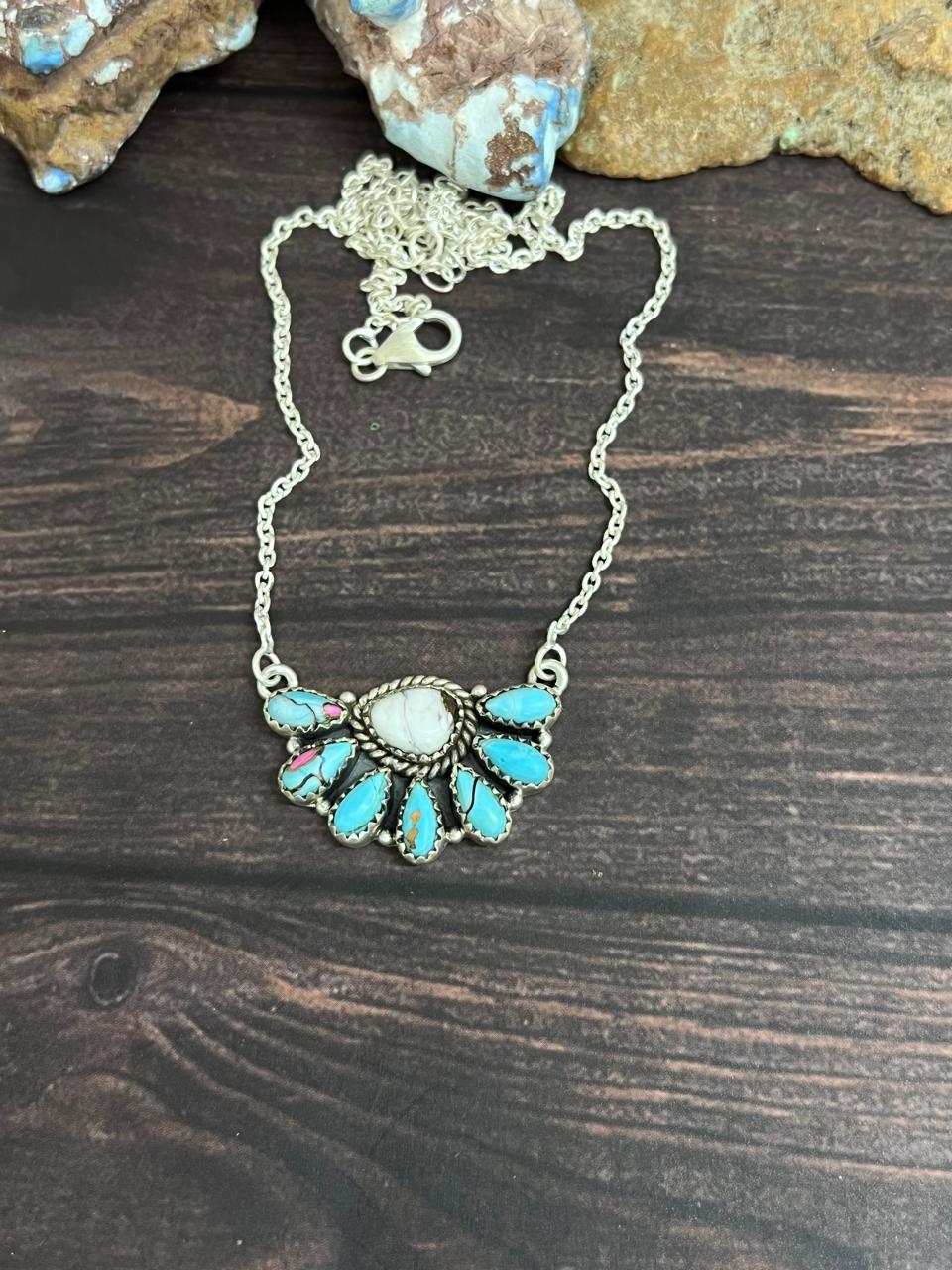 Handmade Sterling Silver Cotton Candy Turquoise Necklace with Signed Nizhoni