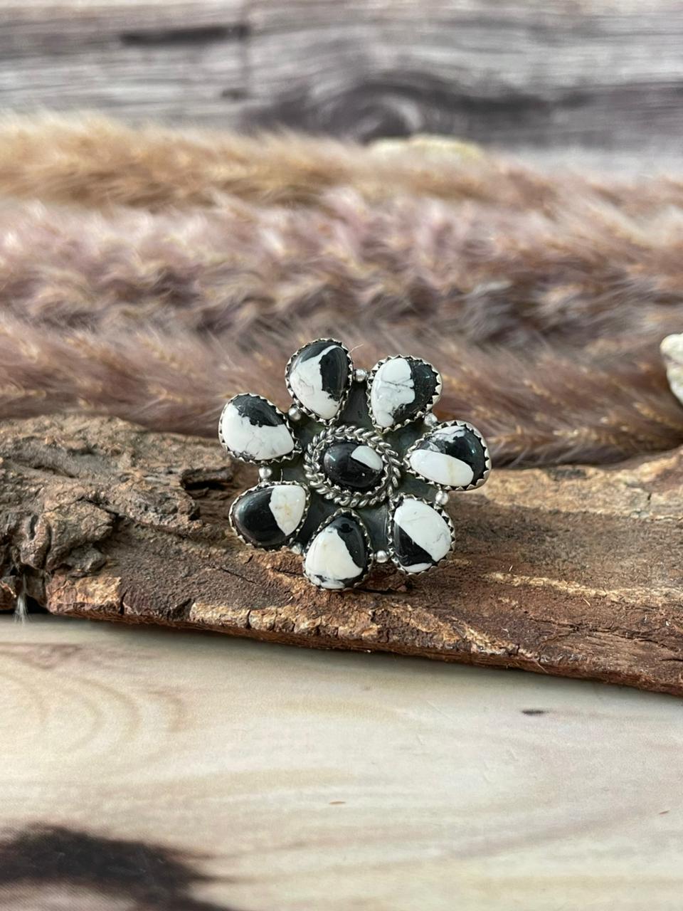 Handmade Sterling Silver White Buffalo Adjustable Ring Signed Nizhoni