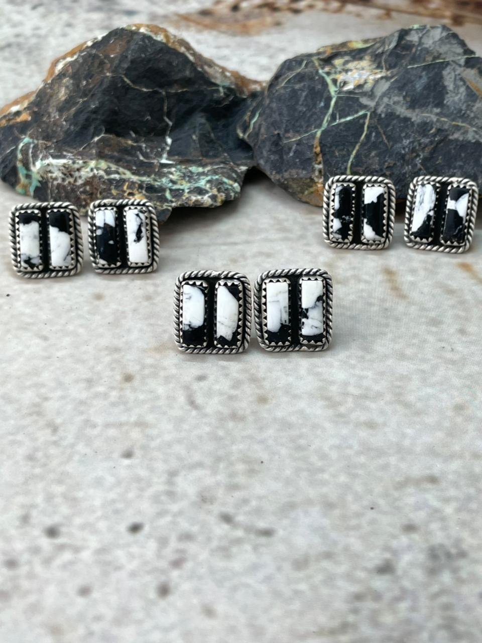 Handmade Sterling Silver White Buffalo Post Studs Earrings "Signed Nizhoni"