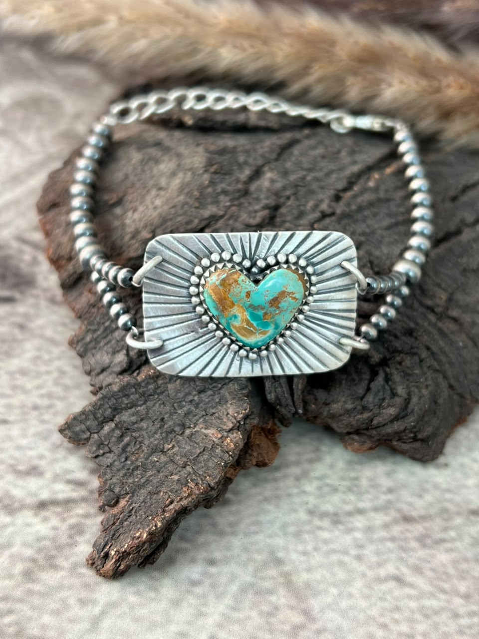 Handmade Sterling Silver Royston Ribbon Turquoise Heart Beaded Chain Bracelet Signed Nizhoni