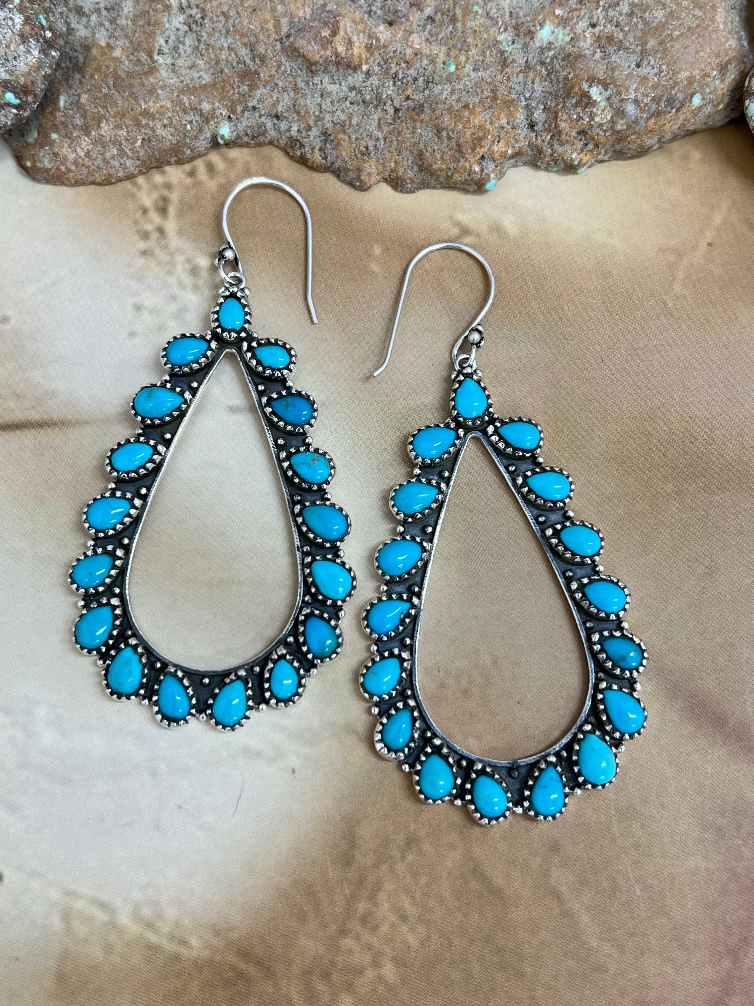 Handmade Sterling Silver Kingman Turquoise Hoop Post Earrings with Signed Nizhoni