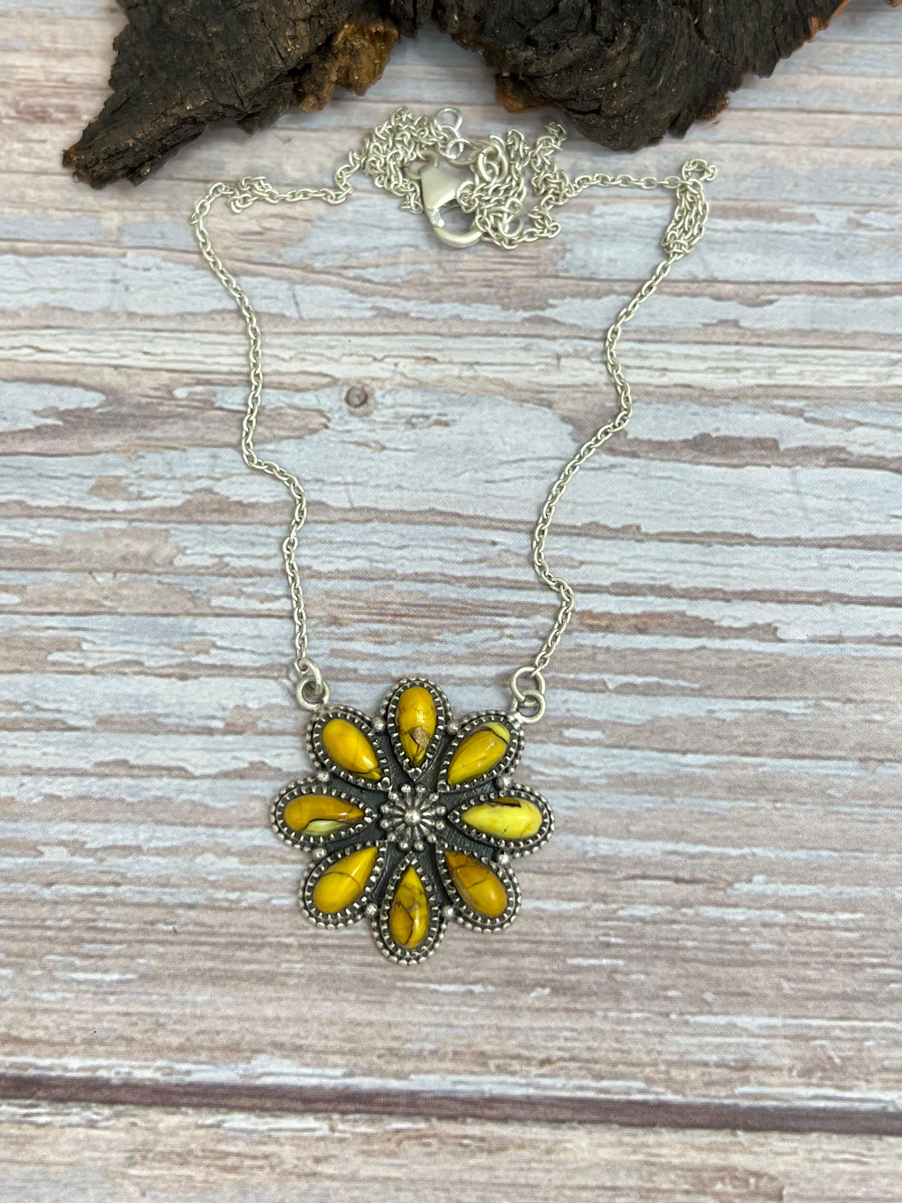 Handmade Sterling Silver Honey Dahlia Necklace with Signed Nizhoni