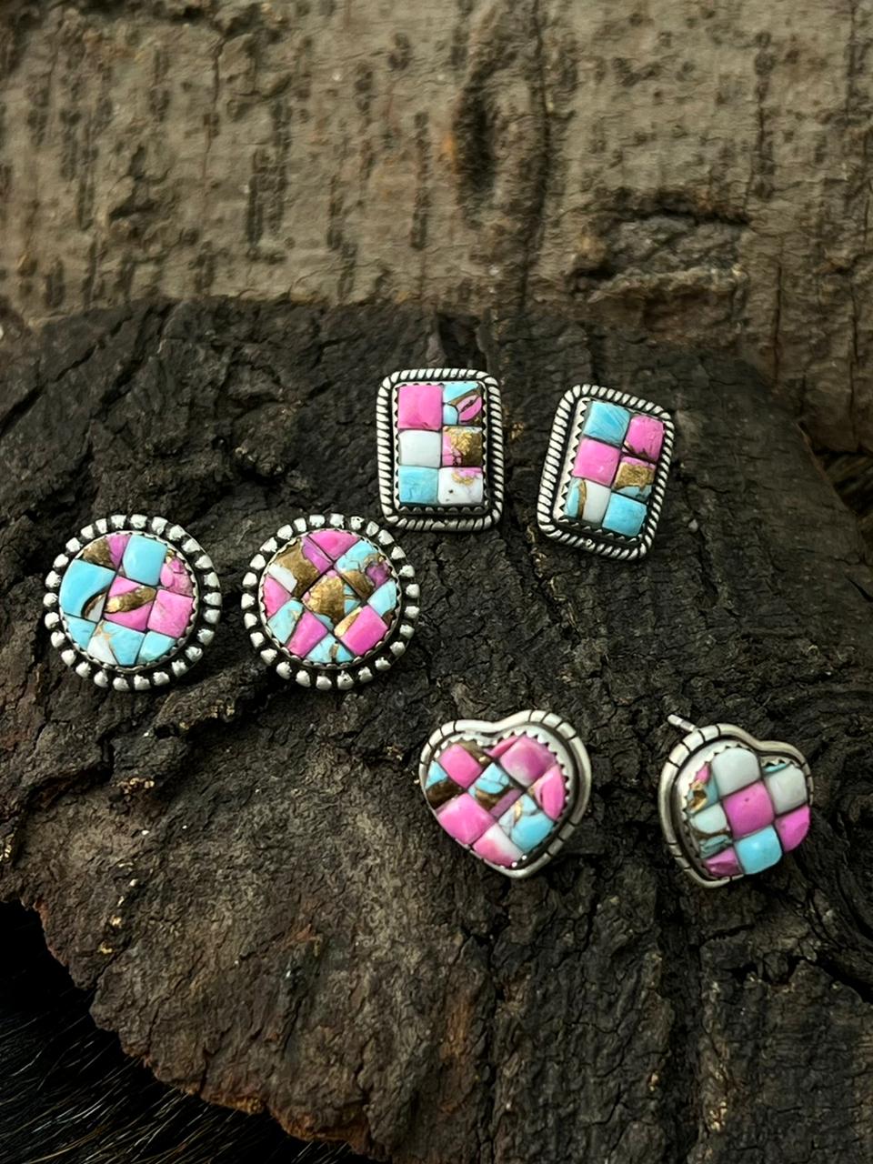 Handmade Sterling Silver Cotton Candy Post Studs Earrings "Signed Nizhoni"