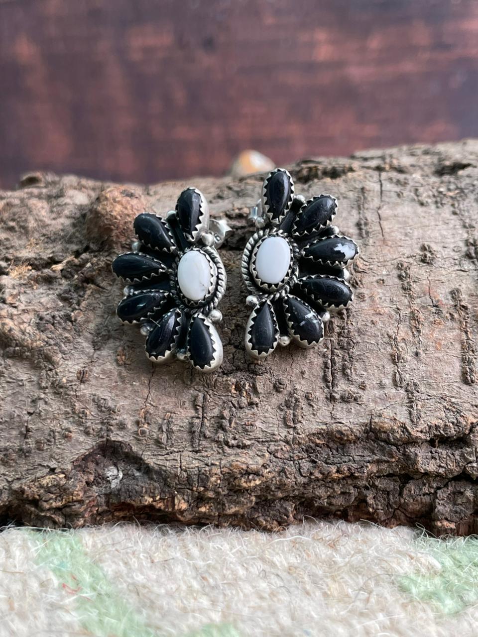 Handmade Sterling Silver White Buffalo Post Studs Earrings "Signed Nizhoni"