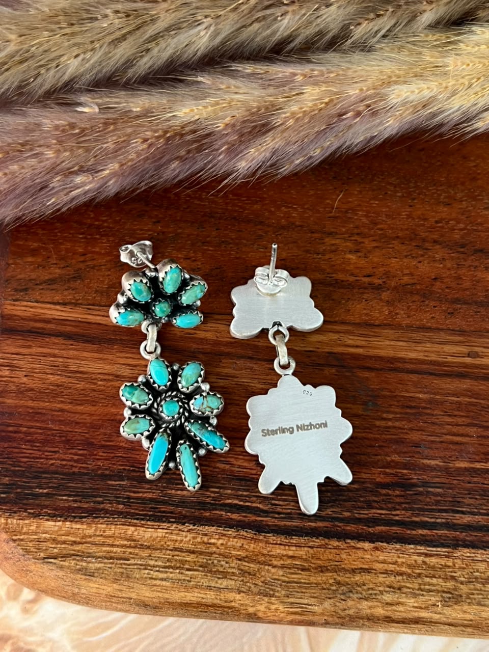 Handmade Sterling Silver Kingman Turquoise Post Dangle Earrings Signed Nizhoni