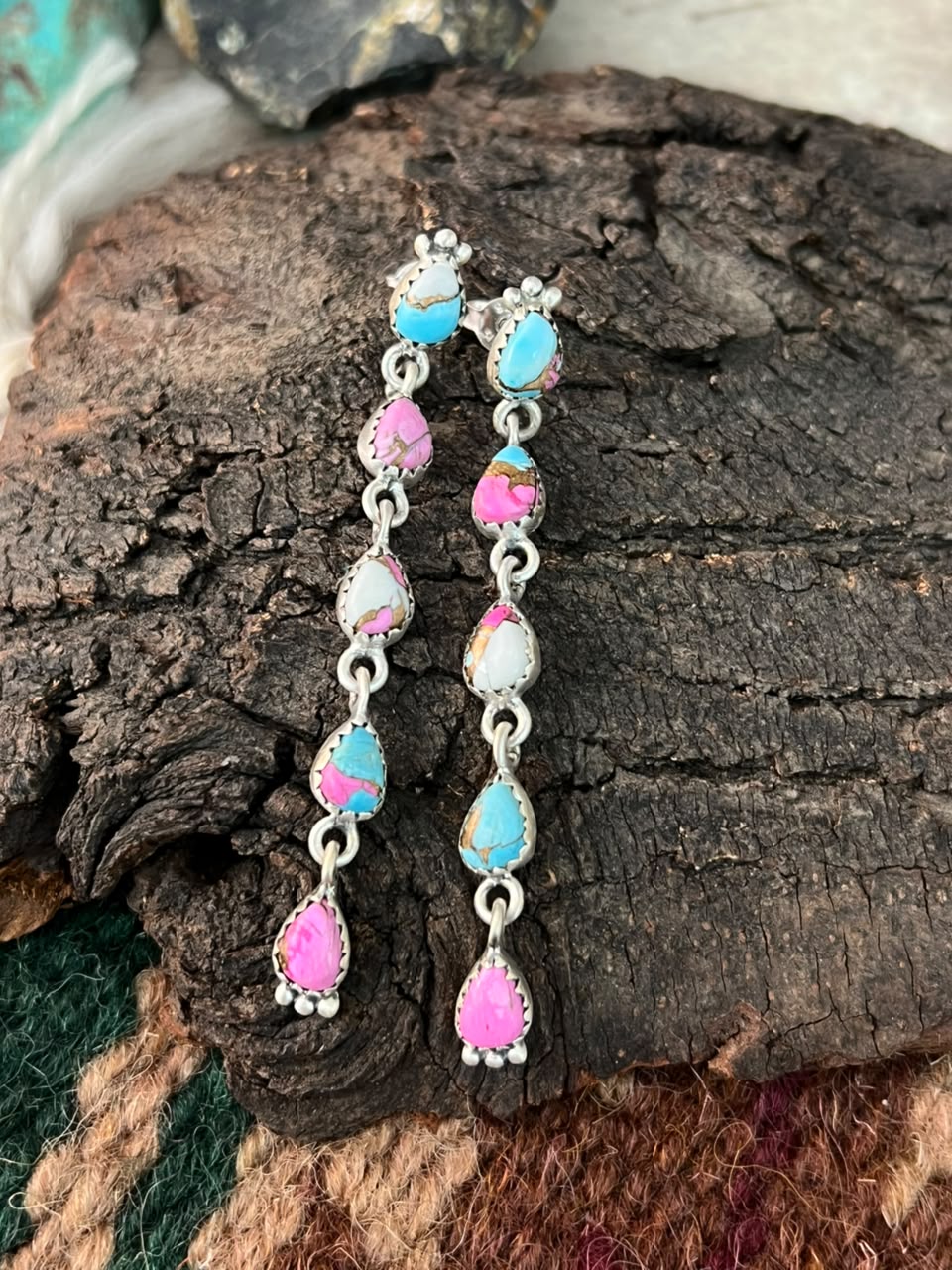 Handmade Sterling Silver Cotton Candy Post Dangle Earrings Signed Nizhoni