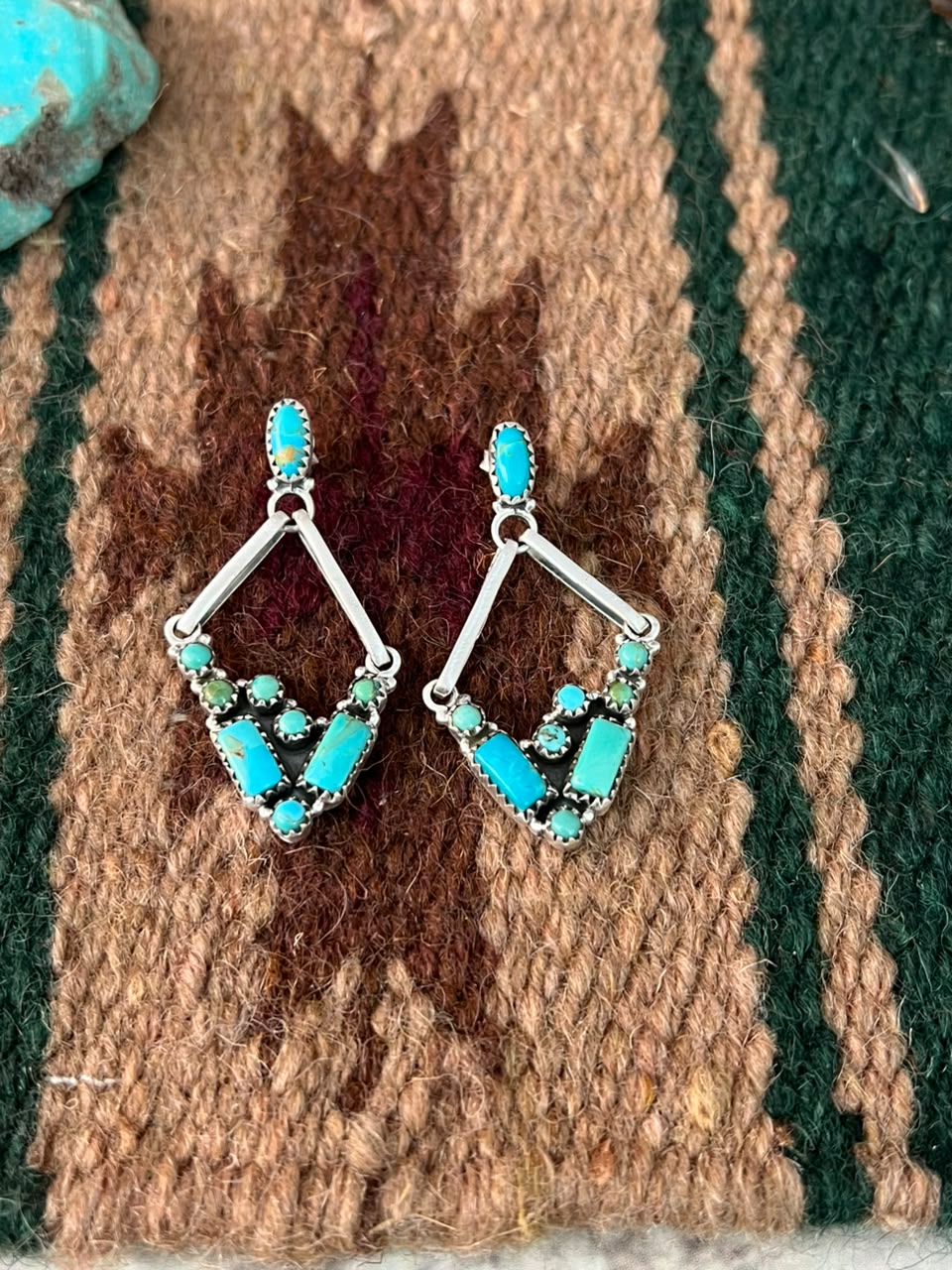 Handmade Sterling Silver Kingman Turquoise Post Dangle Earrings Signed Nizhoni