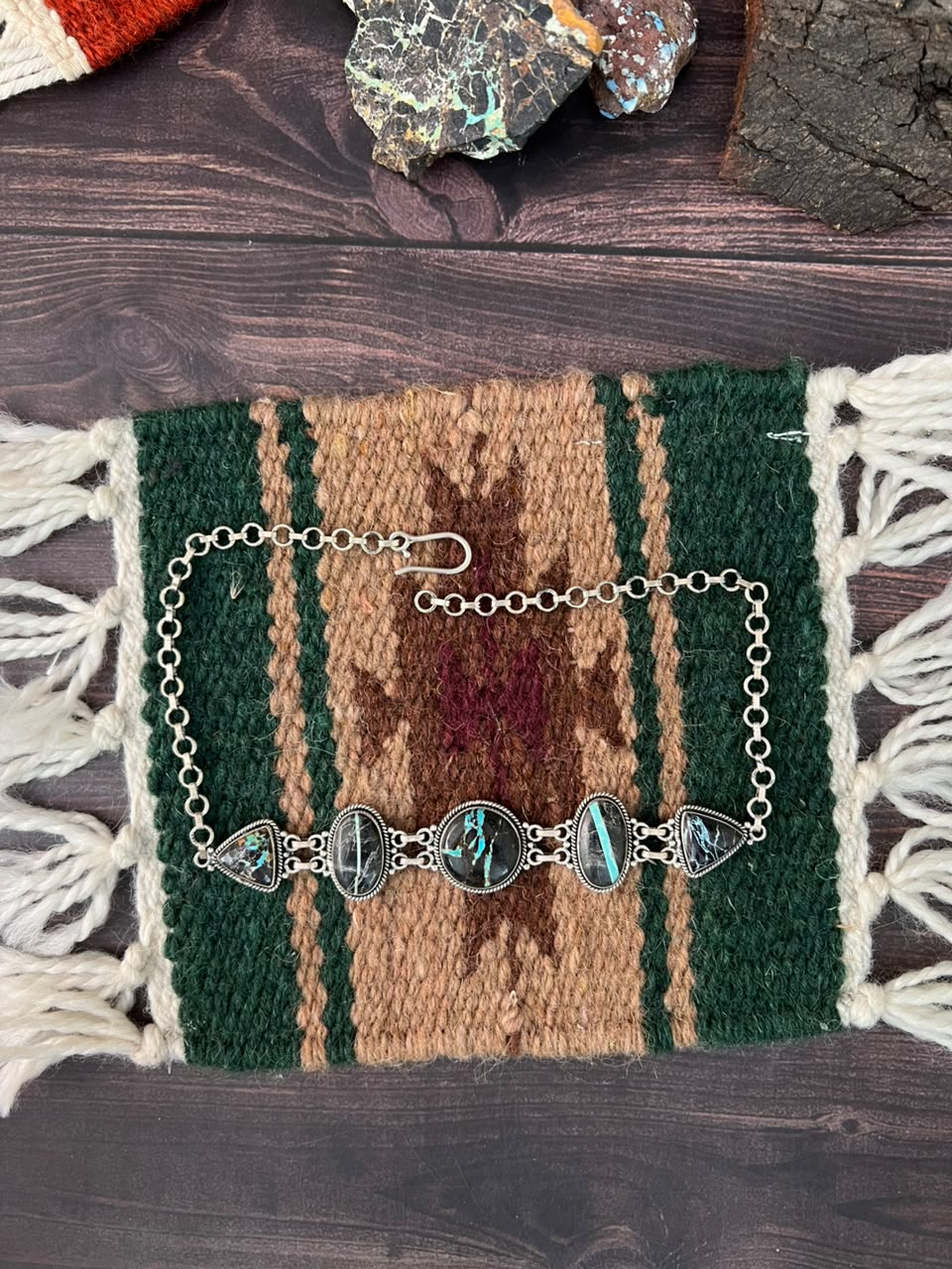 Handmade Sterling Silver Blackjack Turquoise Collection: Choker Necklace Signed Nizhoni