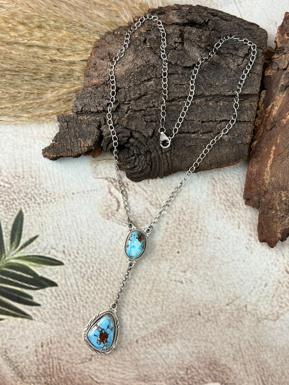 Handmade Sterling Silver Golden Hills Turquoise Drop Necklace Signed Nizhoni