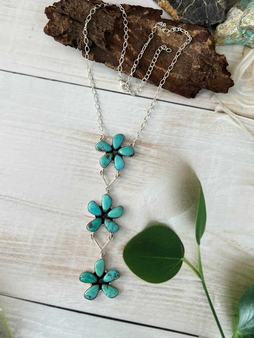 Handmade Sterling Silver Campitos Turquoise Drop Necklace Signed Nizhoni