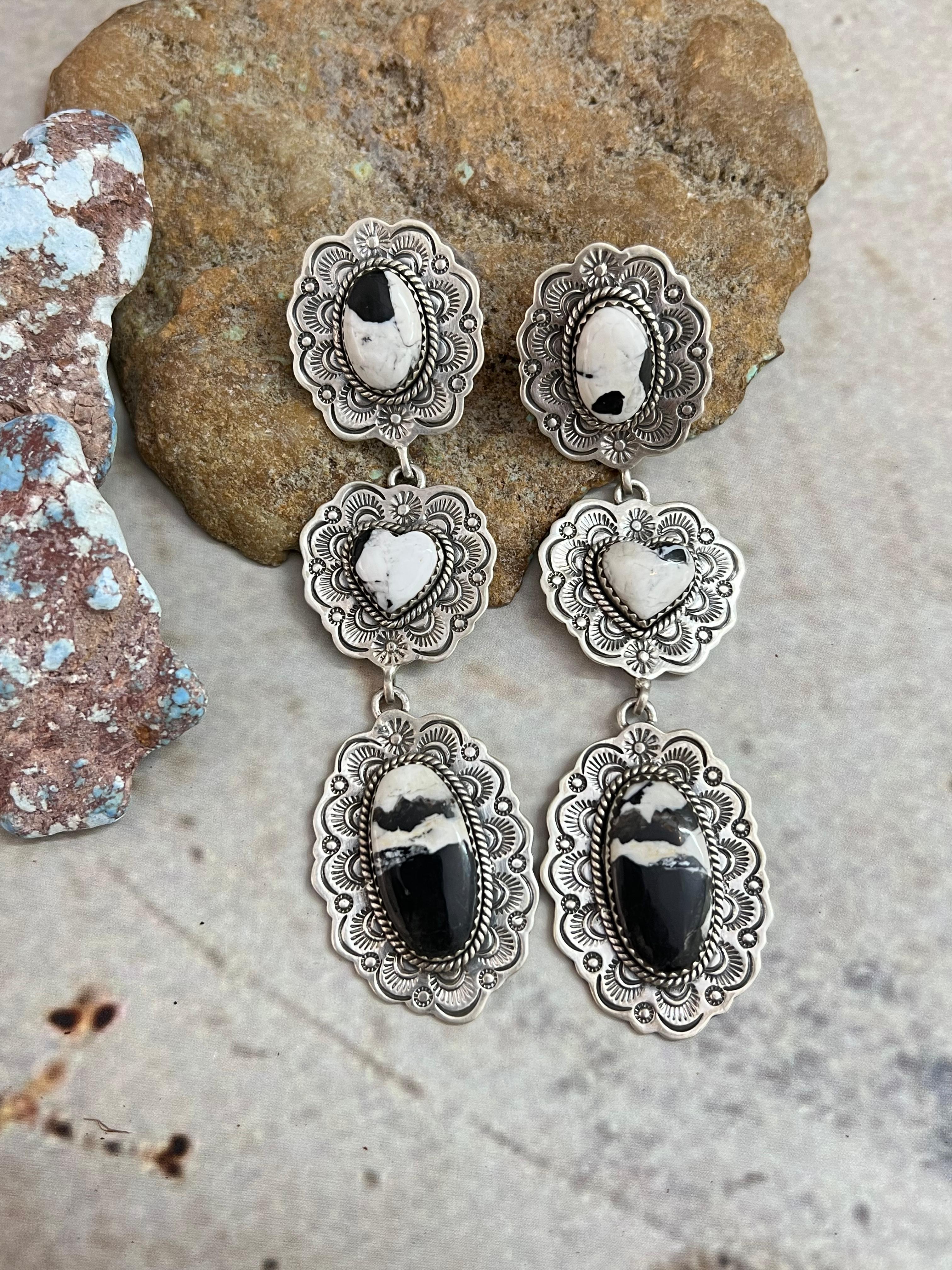 Handmade Sterling Silver White Buffalo Post Dangle Earrings with Signed Nizhoni