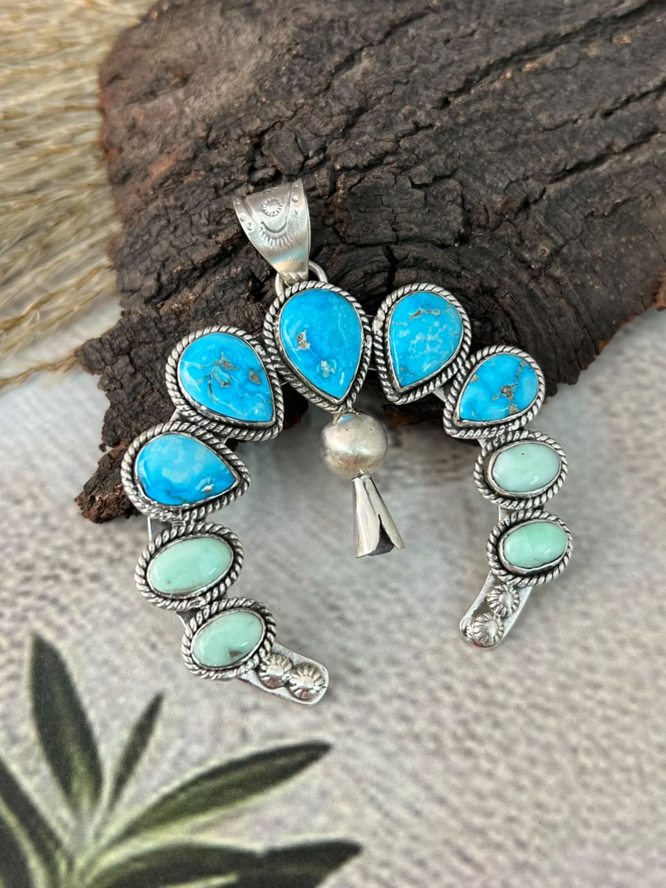 Handmade Sterling Silver Paloma with White Water Turquoise Naja Squash Blossom Pendant Signed Nizhoni
