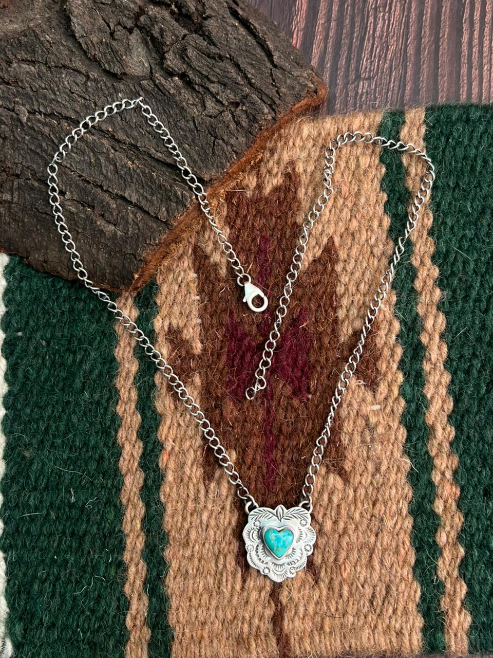 "Heart Collection" Handmade Sterling Silver Kingman Turquoise Necklace "Signed Nizhoni"