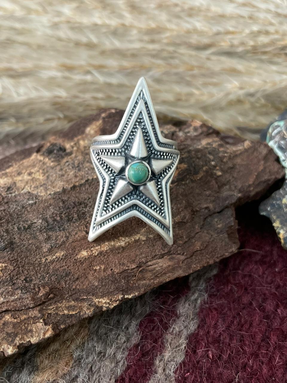 Handmade Sterling Silver Arizona Turquoise Star Shape Adjustable Ring "Signed Nizhoni"