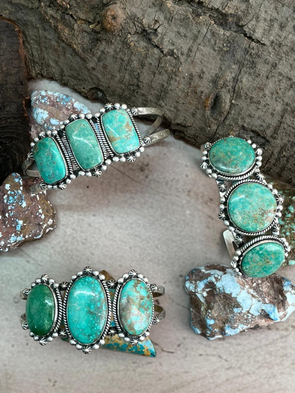 Handmade Sterling Silver Mantis Turquoise Cuff Bracelet with Signed Nizhoni