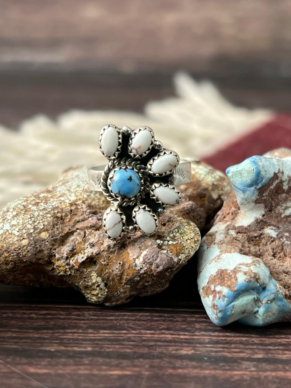 Handmade Sterling Silver Golden Hills with White Collection Adjustable Ring "Signed Nizhoni"