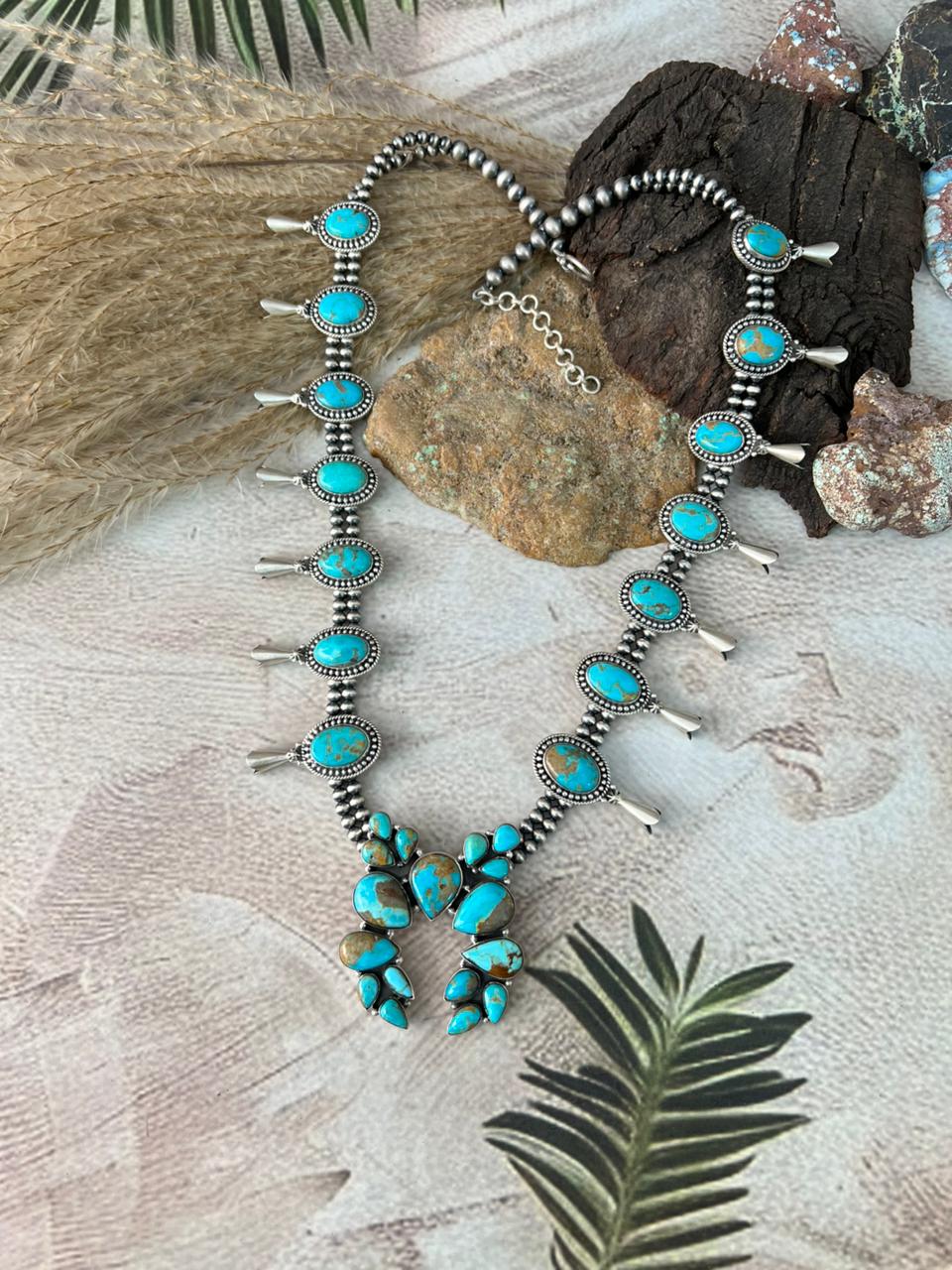 Handmade Sterling Silver Santa Maria Turquoise Squash Blossom Beaded Necklace "Signed Nizhoni"