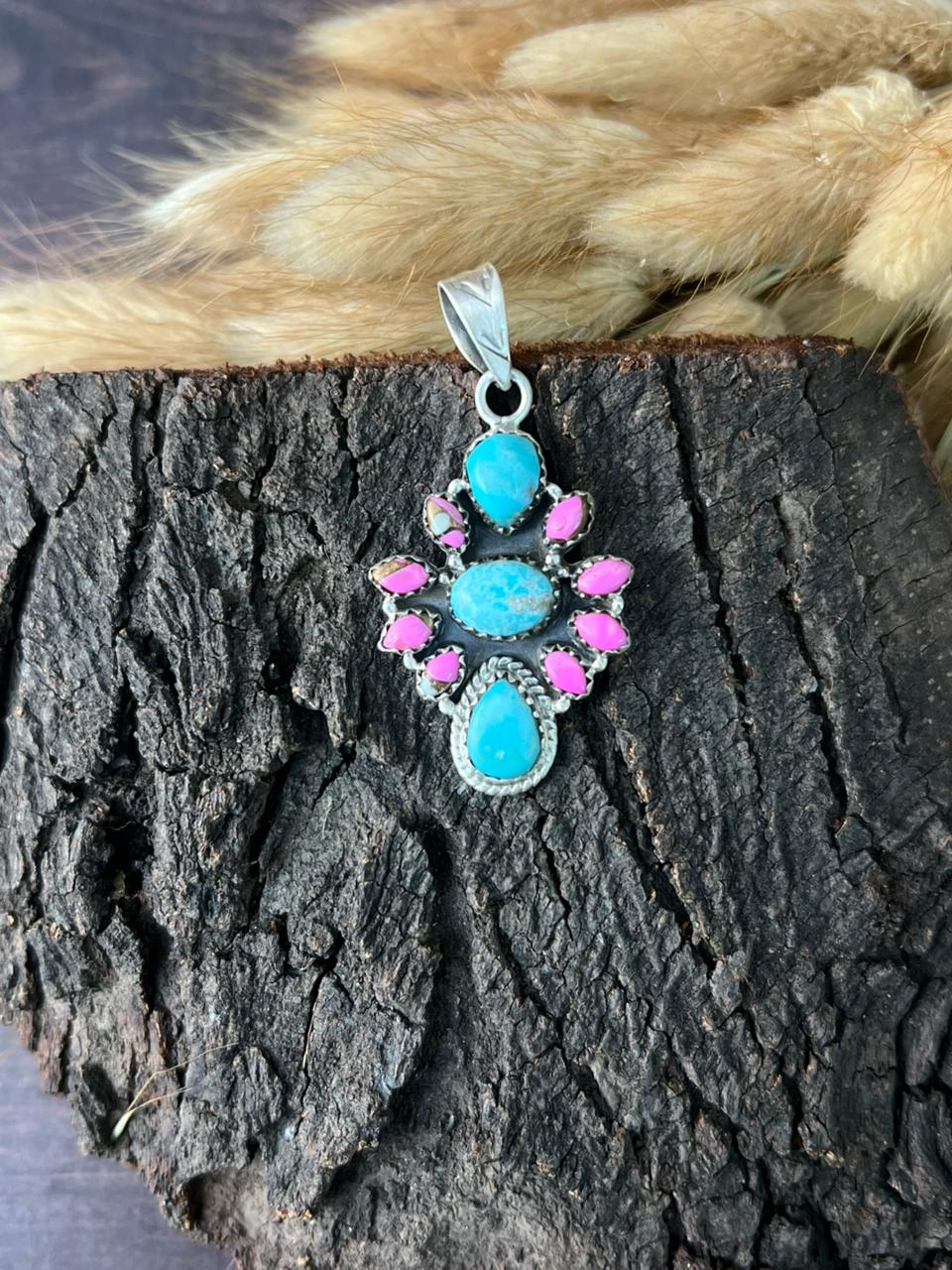 Handmade Sterling Silver White Water Turquoise with Cotton Candy Pendant "Signed Nizhoni"