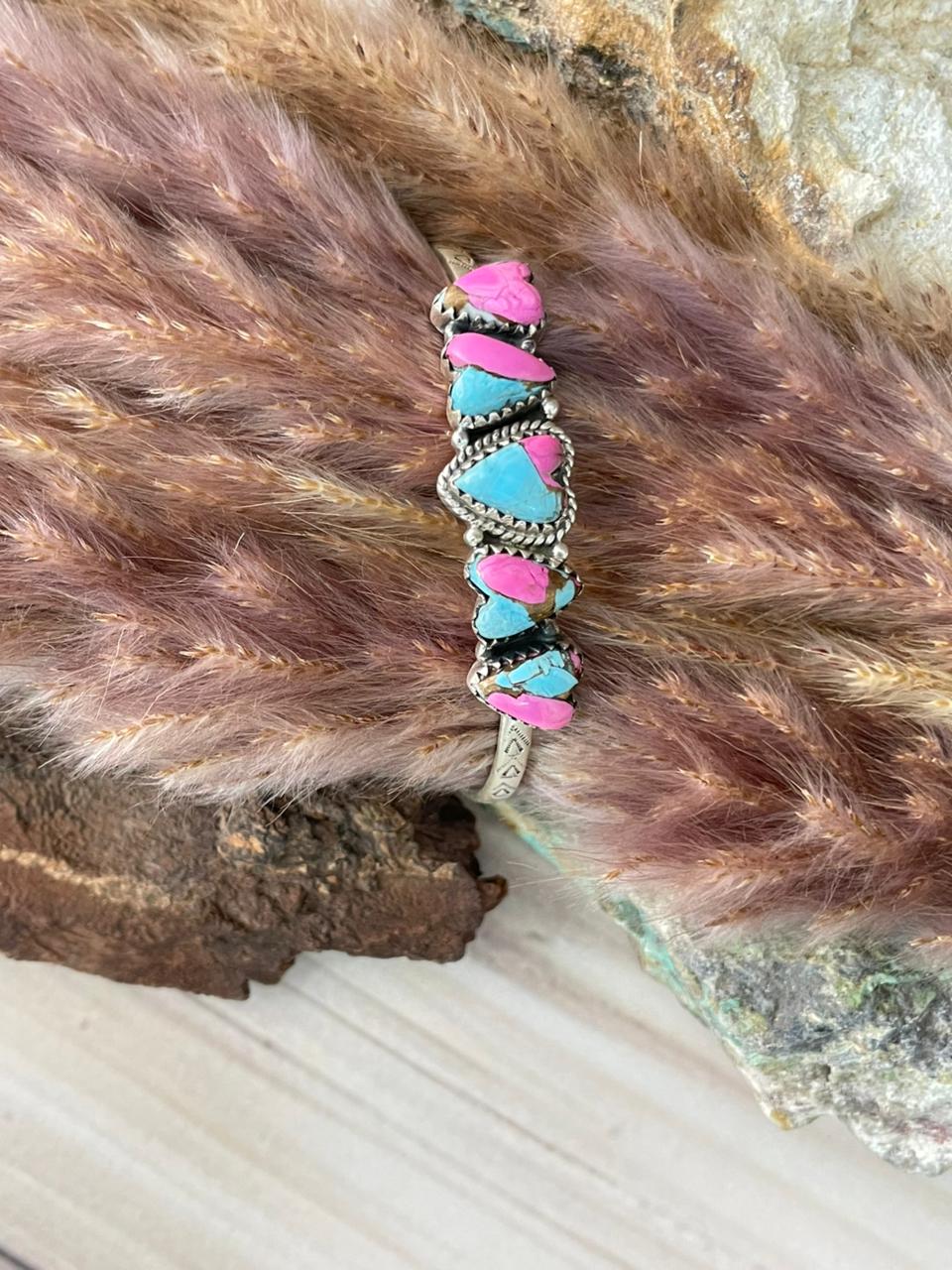 Handmade Sterling Silver Cotton Candy Cuff Heart Bracelet Signed Nizhoni