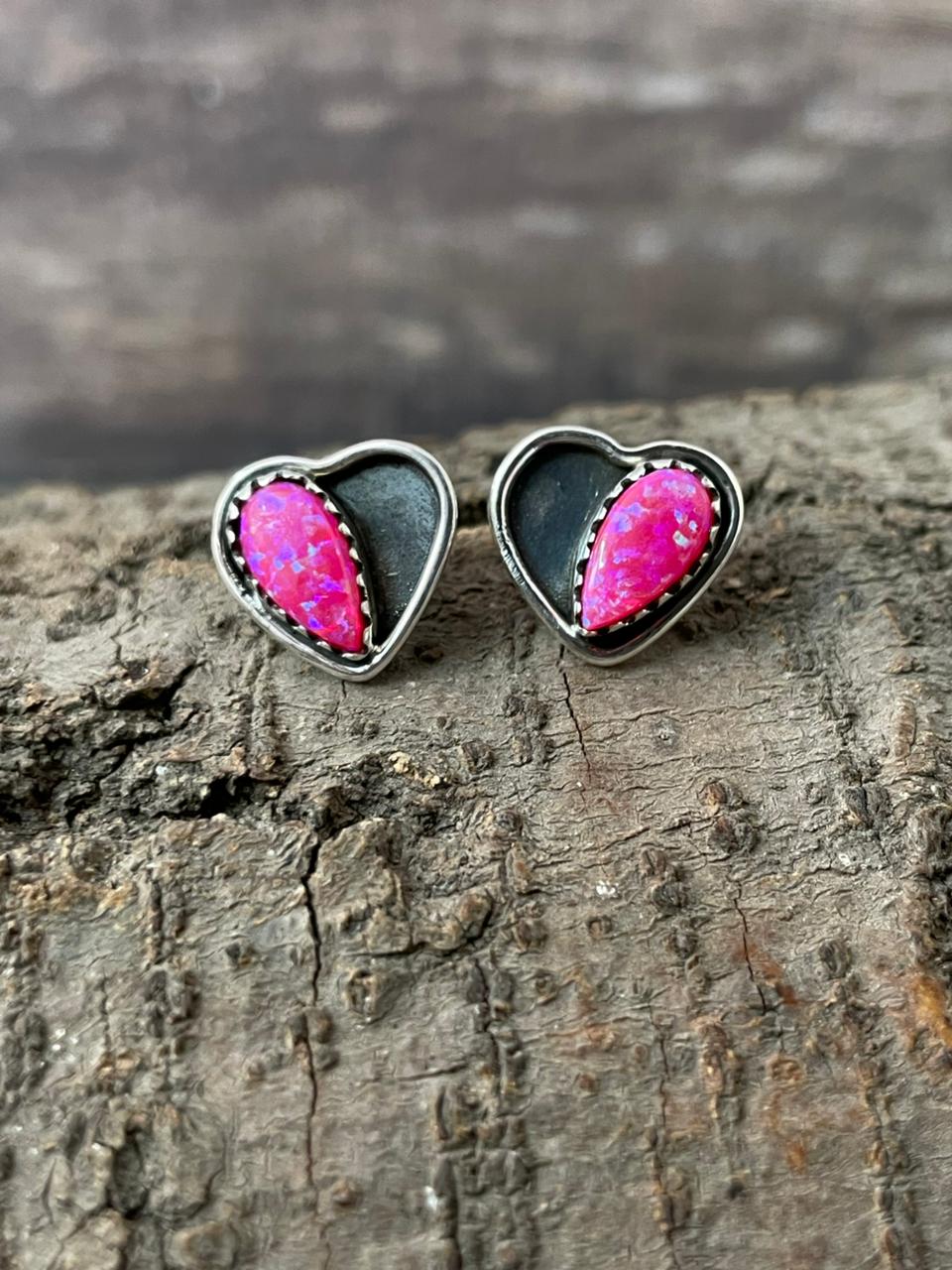 "Heart Collection" Handmade Sterling Silver Hot Pink Post Studs Earrings "Signed Nizhoni"