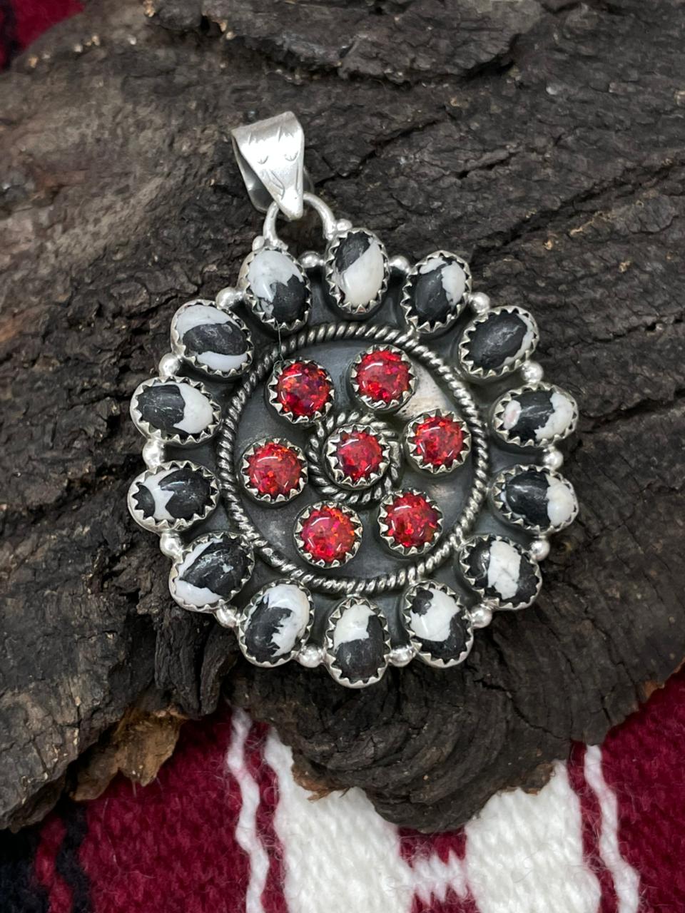 "Christmas Collection" Handmade Sterling Silver Red Opal with White Buffalo Pendant " Signed Nizhoni"