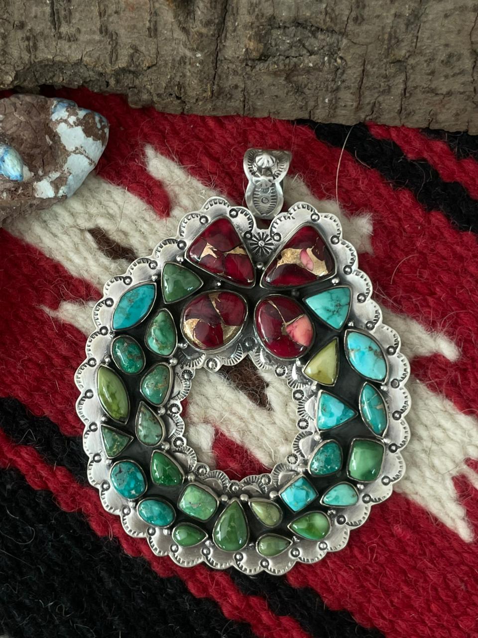Handmade Sterling Silver Dahlia Rose with Emerald Valley Turquoise Pendant "Signed Nizhoni"