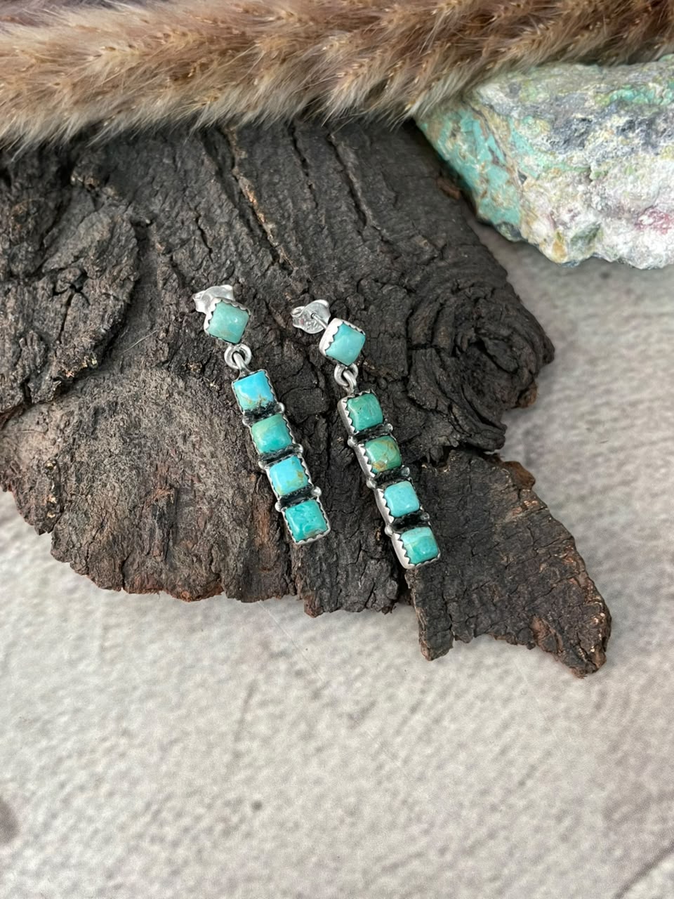 Handmade Sterling Silver Kingman Turquoise Post Dangle Earrings Signed Nizhoni