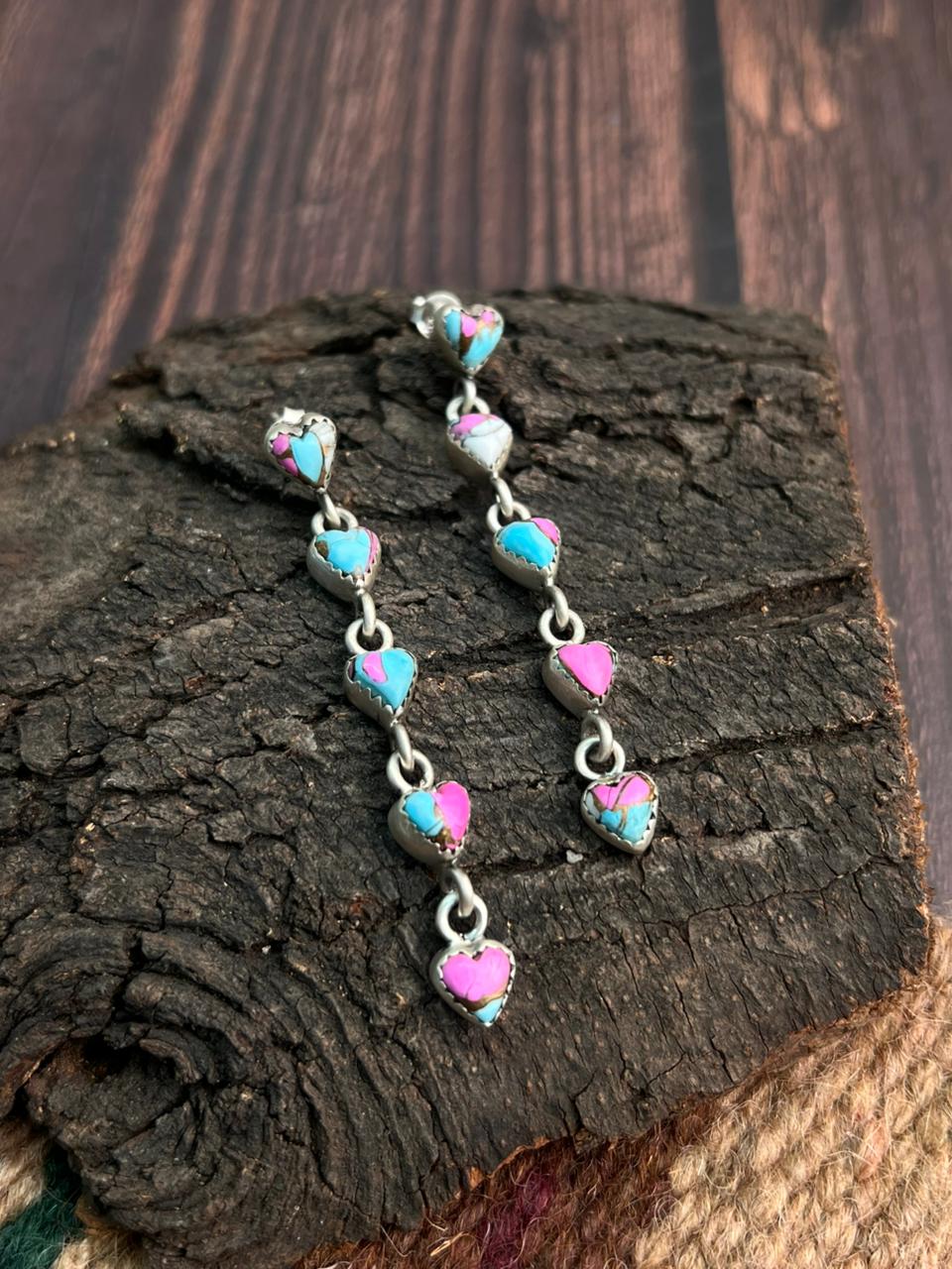 "Heart Collection" Handmade Sterling Silver Cotton Candy Post Dangle Earrings "Signed Nizhoni"