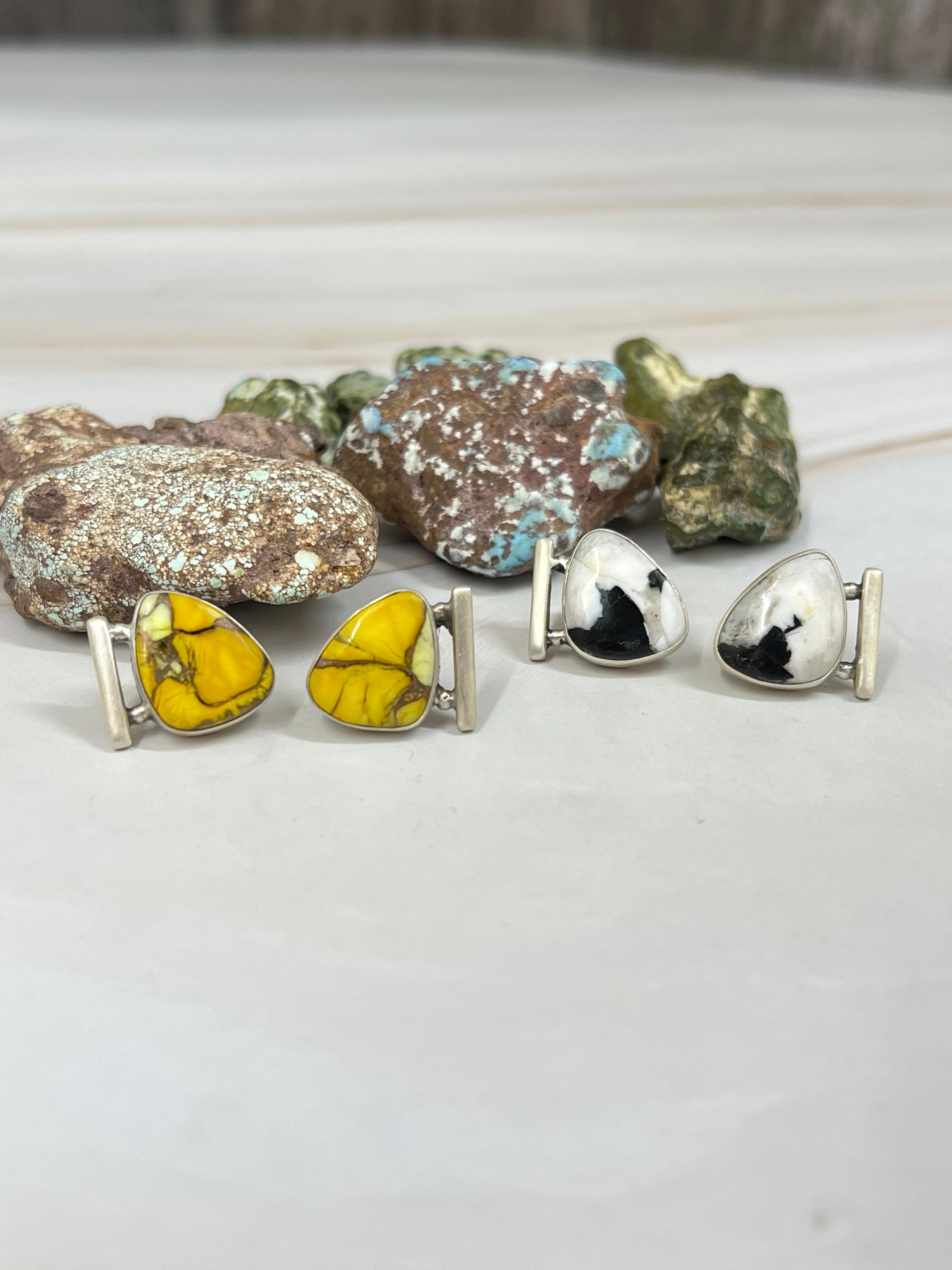 Handmade Sterling Silver Honey Dahlia, White Buffalo Turquoise Earrings with Signed Nizhoni