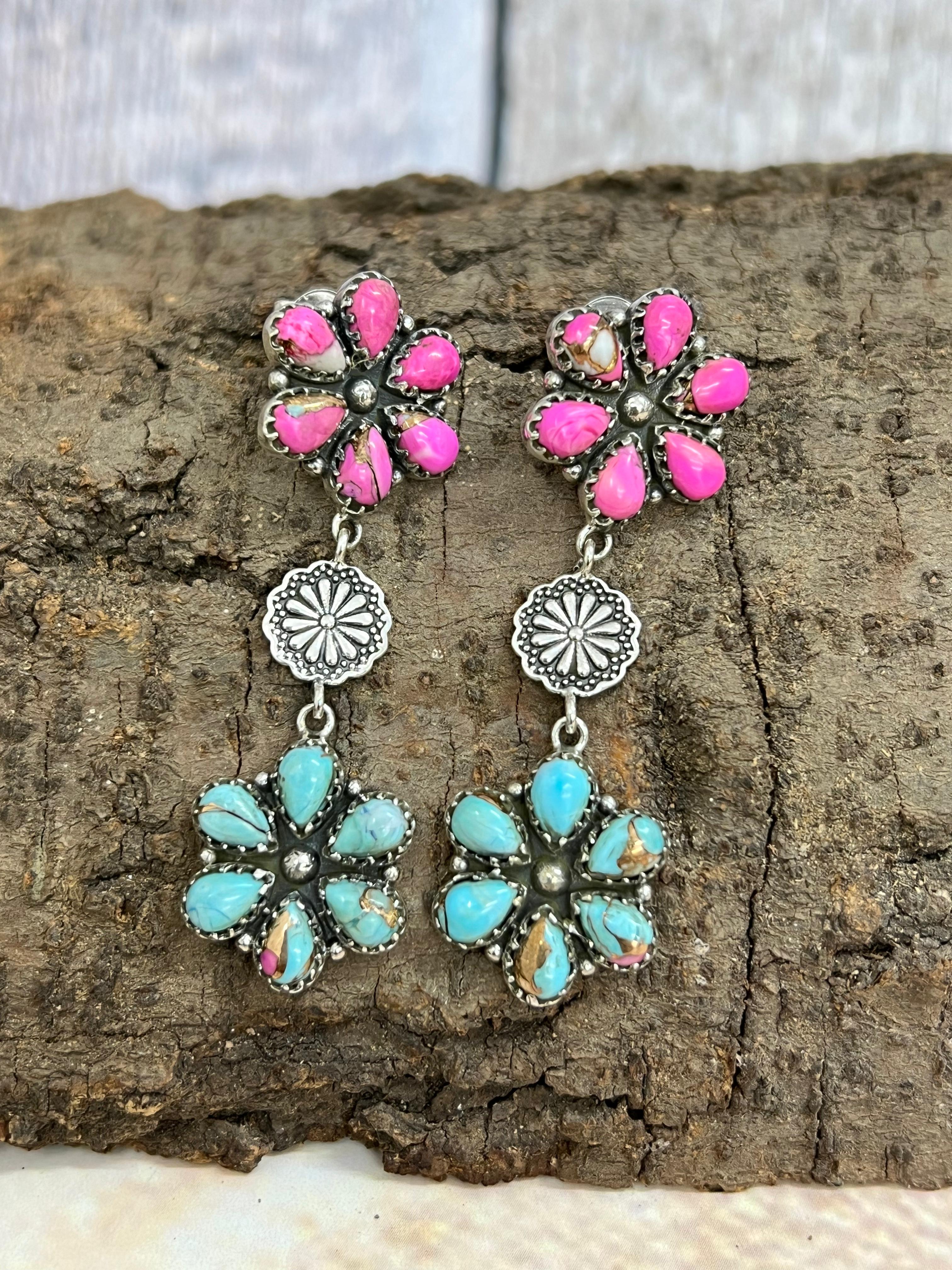 Handmade Sterling Silver Cotton Candy Turquoise Post Earrings with Signed Nizhoni