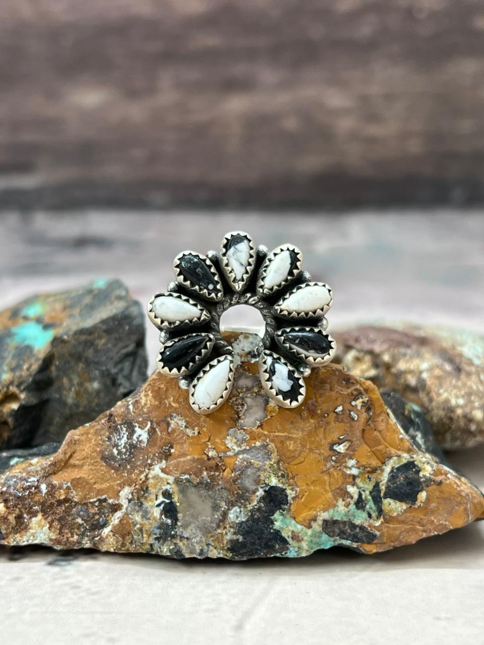 Handmade Sterling Silver White Buffalo Turquoise Naja Adjustable Ring "Signed Nizhoni"