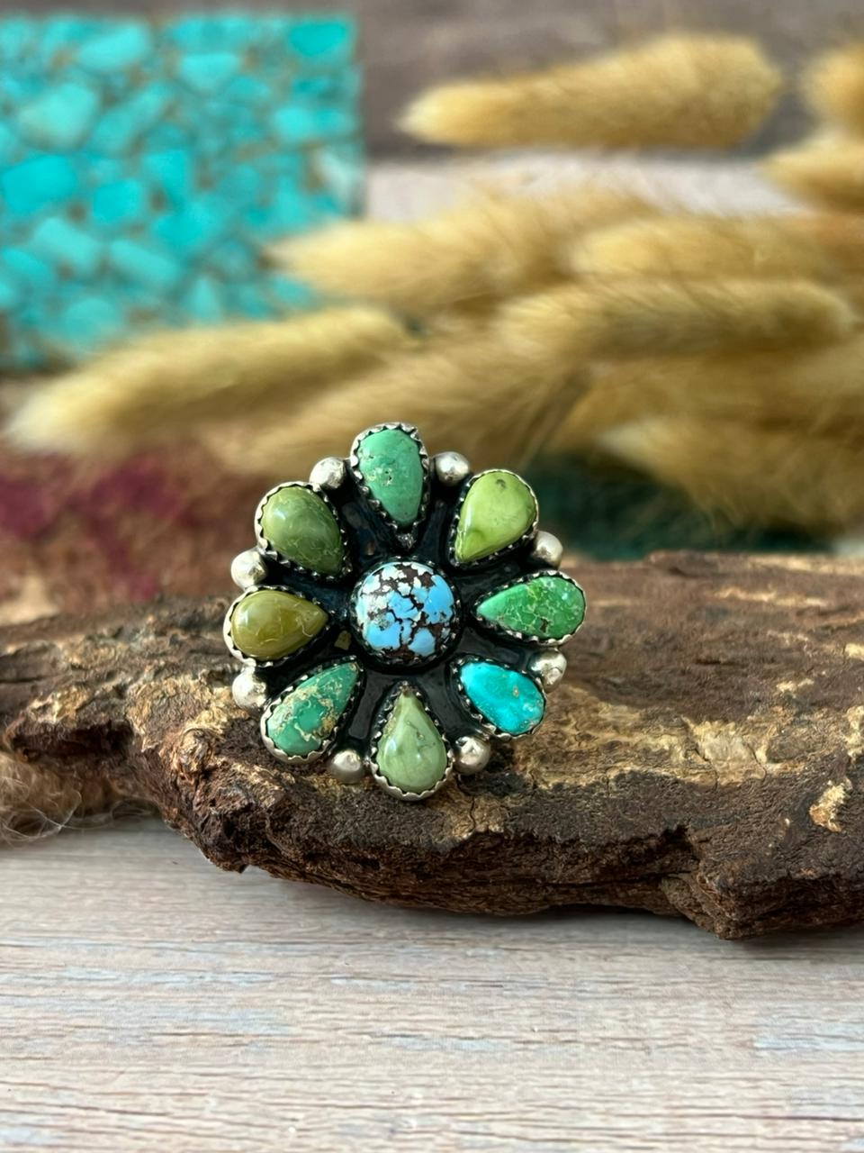 Handmade Sterling Silver Emerald Valley with Golden Hills Turquoise Adjustable Ring "Signed Nizhoni"