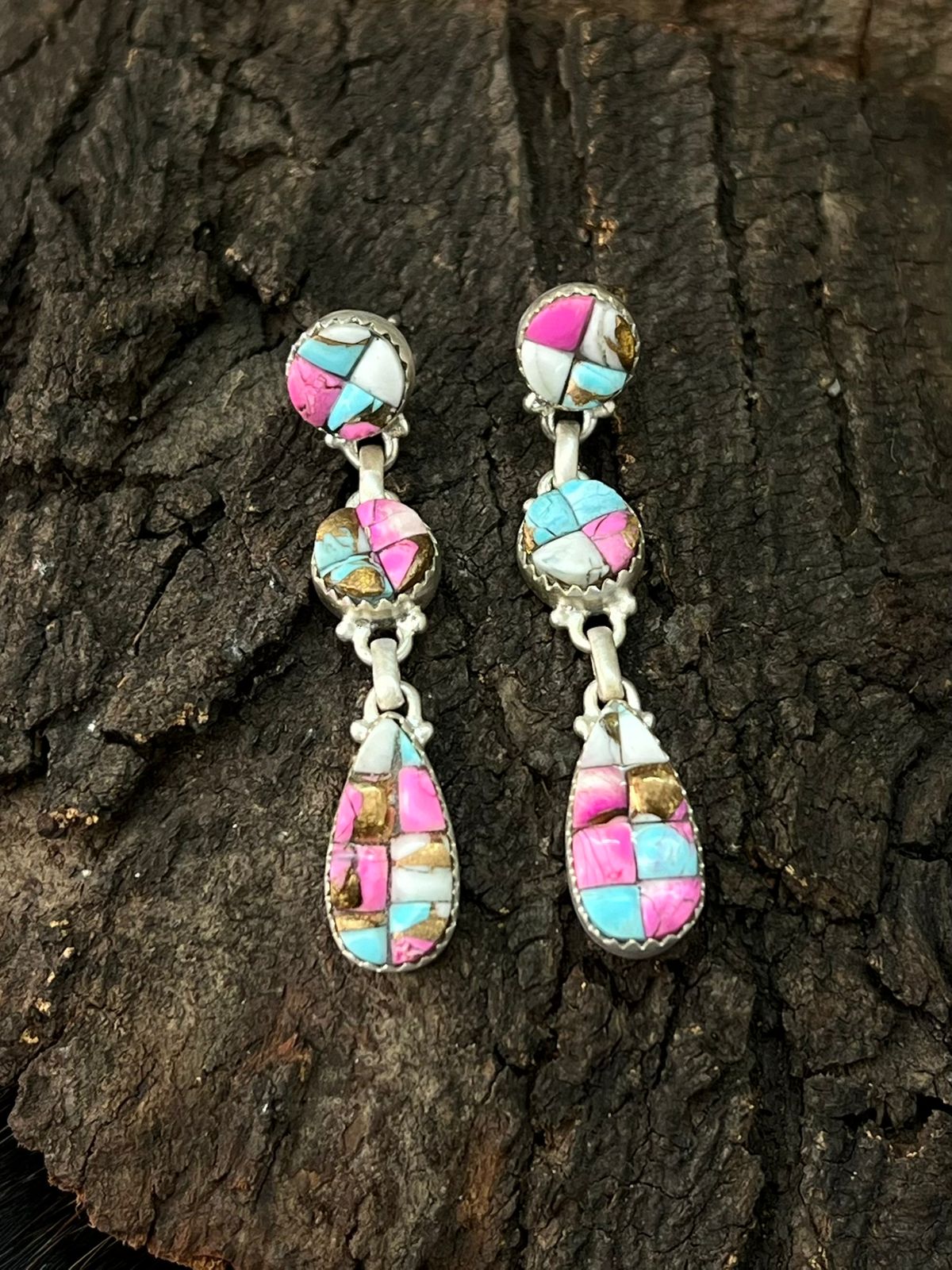 Handmade Sterling Silver Cotton Candy Post Dangle Earrings "Signed Nizhoni"