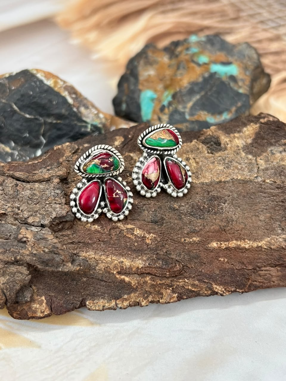 Handmade Sterling Silver Christmas Dahlia Collection: Post Studs Earrings Signed Nizhoni