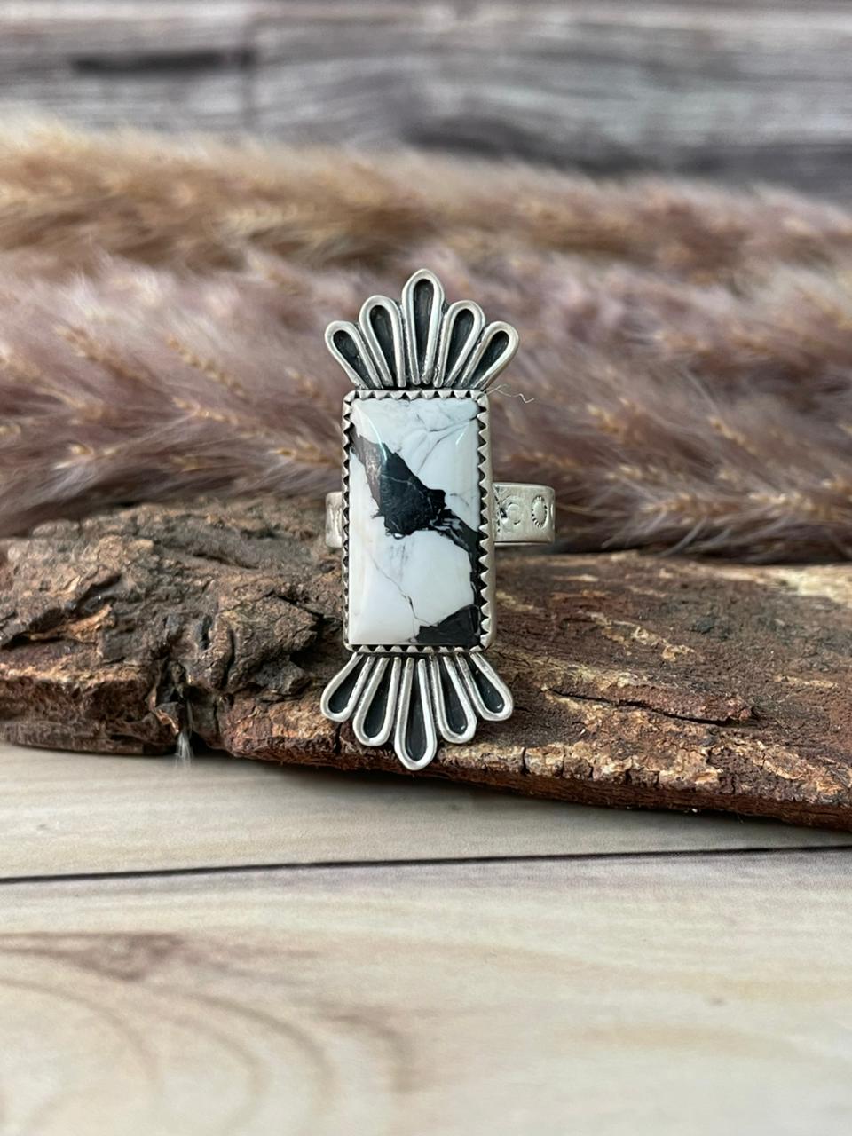 Handmade Sterling Silver White Buffalo Adjustable Ring Signed Nizhoni