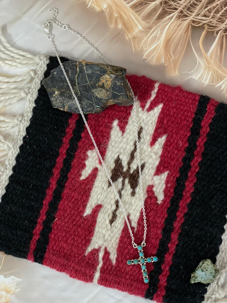 Handmade Sterling Silver Kingman Turquoise Cross Necklace "Signed Nizhoni"
