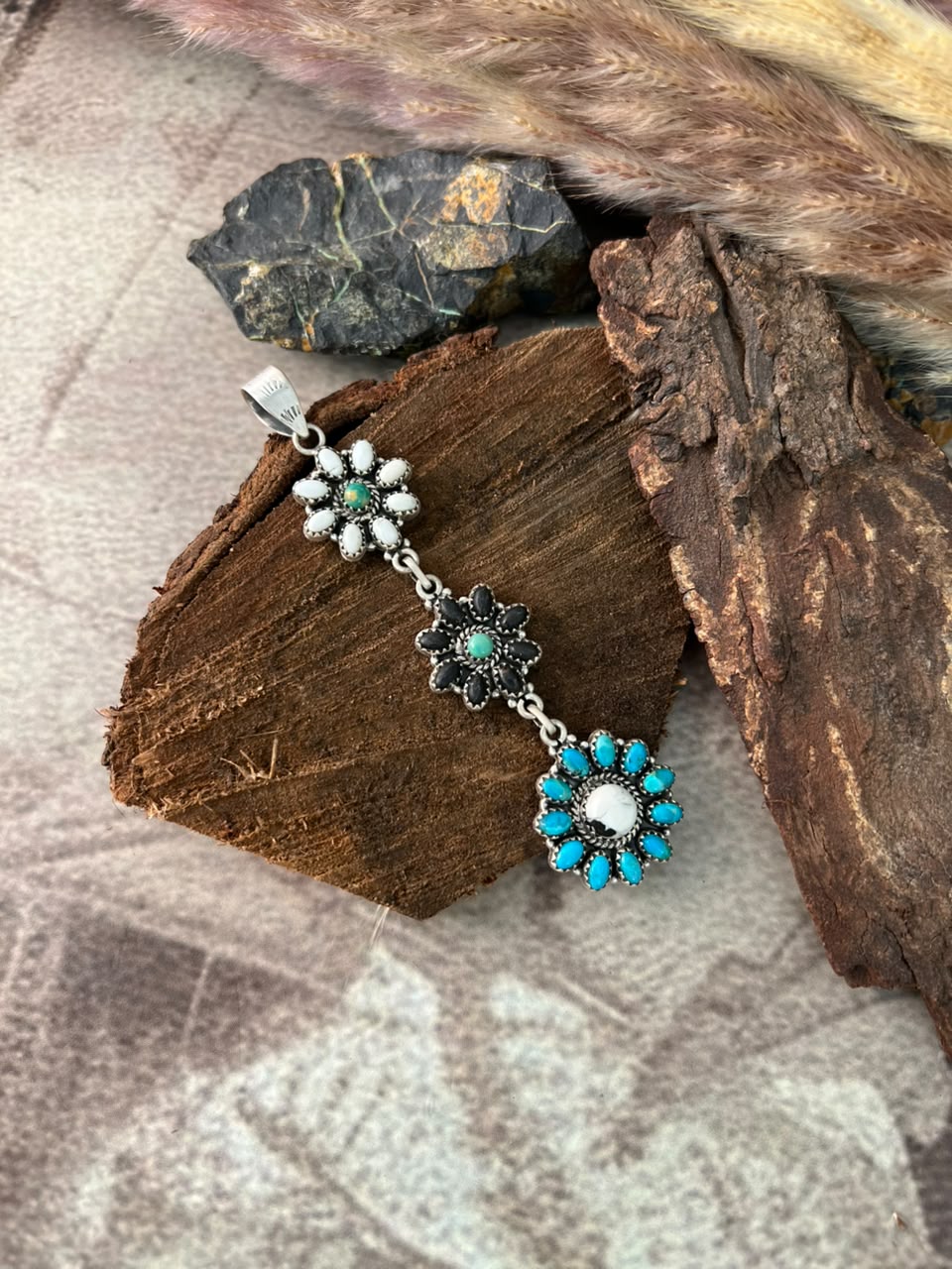 Handmade Sterling Silver Kingman Turquoise with White Buffalo Pendant Signed Nizhoni