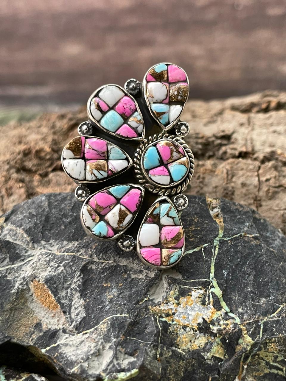 Handmade Sterling Silver Cotton Candy Adjustable Ring "Signed Nizhoni"