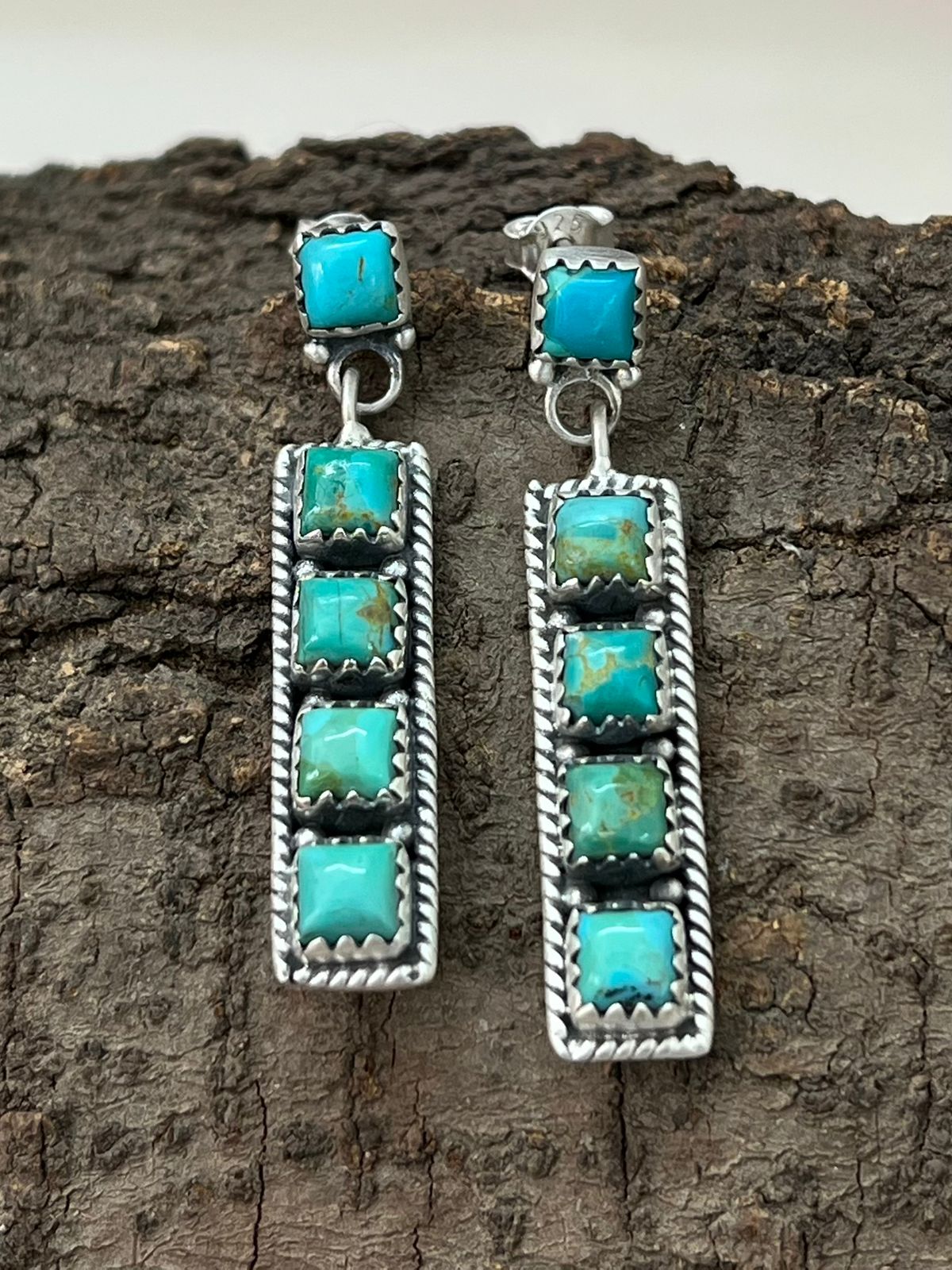 Handmade Sterling Silver Kingman Turquoise Post Dangle Earrings "Signed Nizhoni"