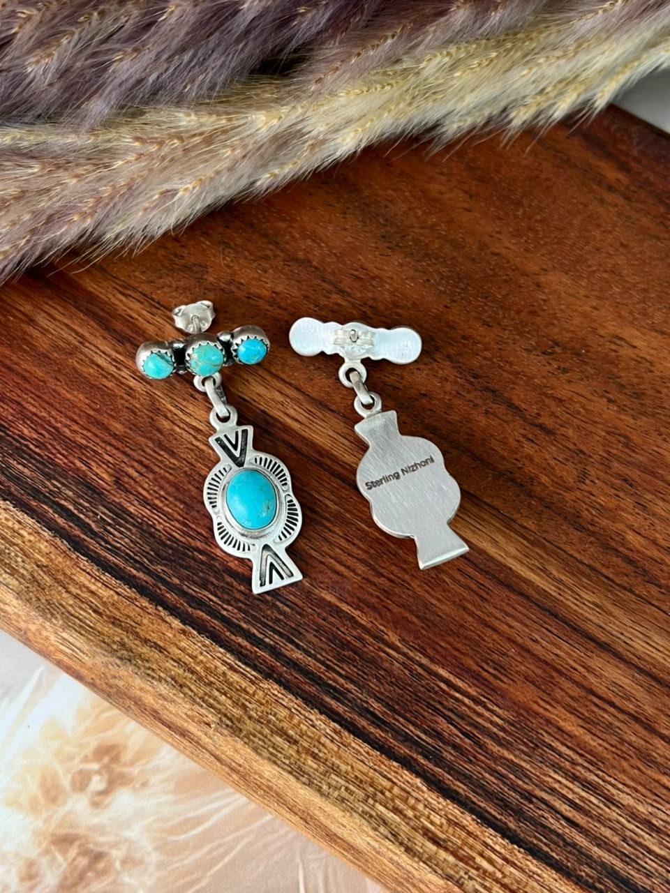 Handmade Sterling Silver Kingman Turquoise Post Dangle Earrings Signed Nizhoni