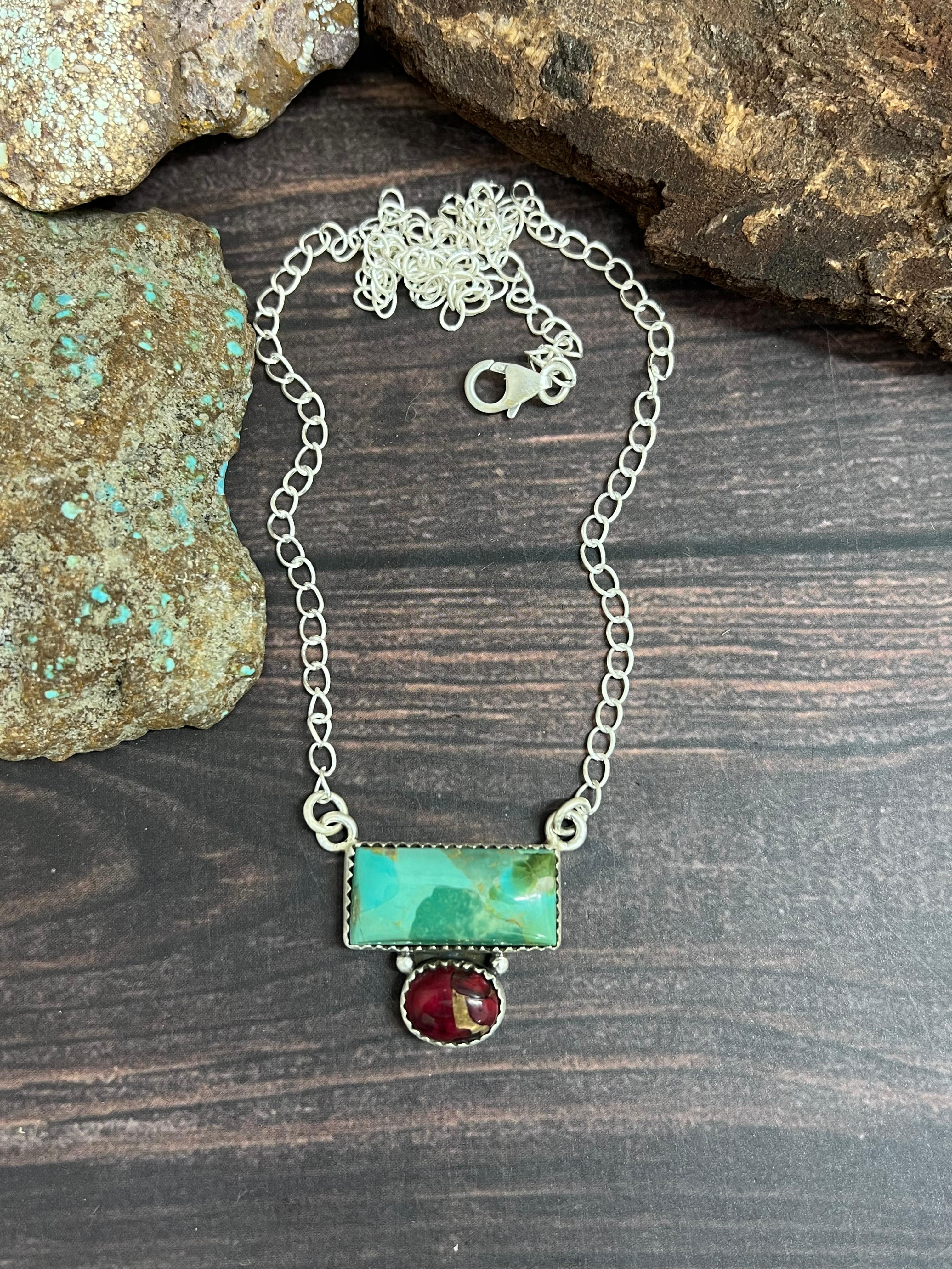 Handmade Sterling Silver Kingman with Dahlia Rose Necklace with Signed Nizhoni