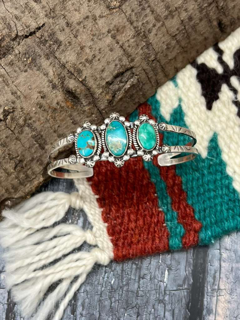 Handmade Sterling Silver Emerald Valley Turquoise Bracelet with Signed Nizhoni