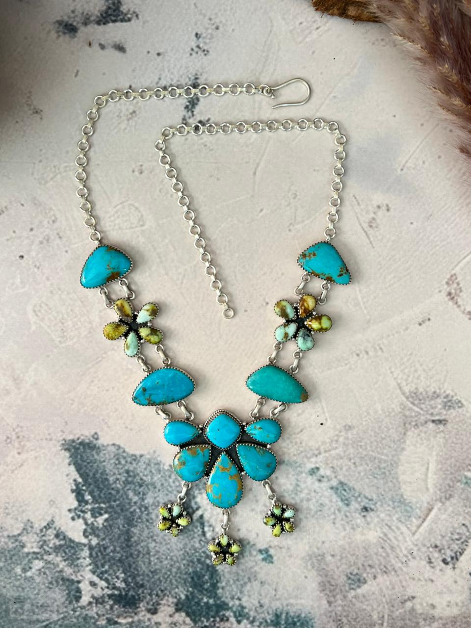 Handmade Sterling Silver Tyrone with Palomino Turquoise Necklace Signed Nizhoni