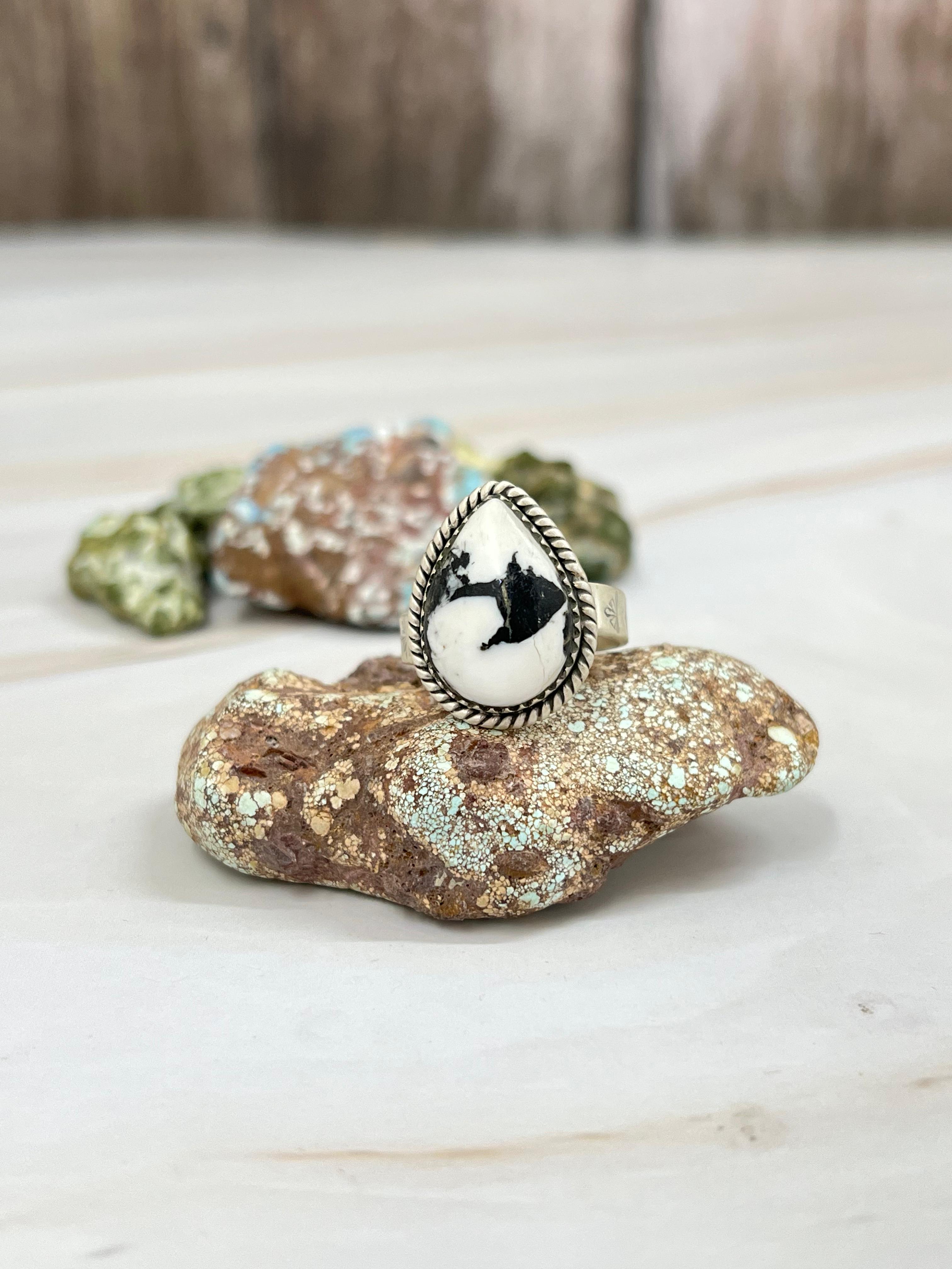 Handmade Sterling Silver White Buffalo Turquoise Adjustable Ring with Signed Nizhoni