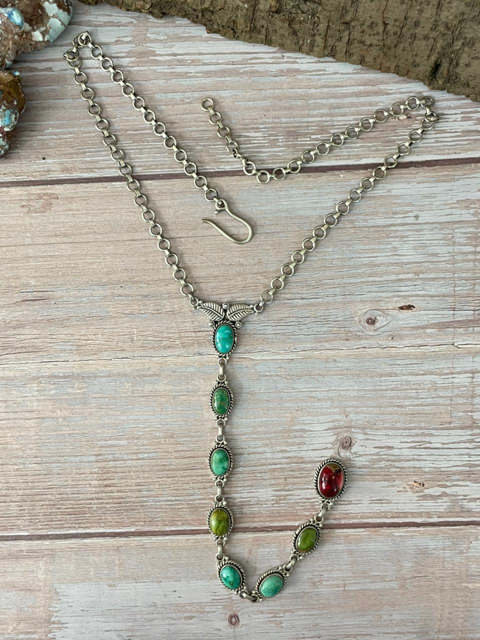 Handmade Sterling Silver Dahlia Rose with Emerald Valley Turquoise Necklace "Signed Nizhoni"