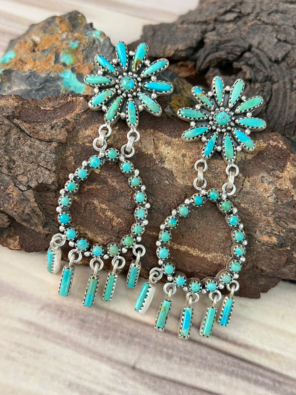 Handmade Sterling Silver Kingman Turquoise Post Dangle Earrings Signed Nizhoni