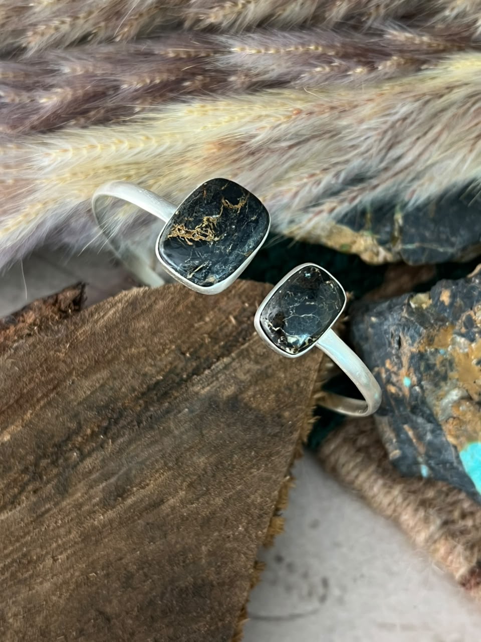 Handmade Sterling Silver Blackjack Turquoise Cuff Bracelet Signed Nizhoni