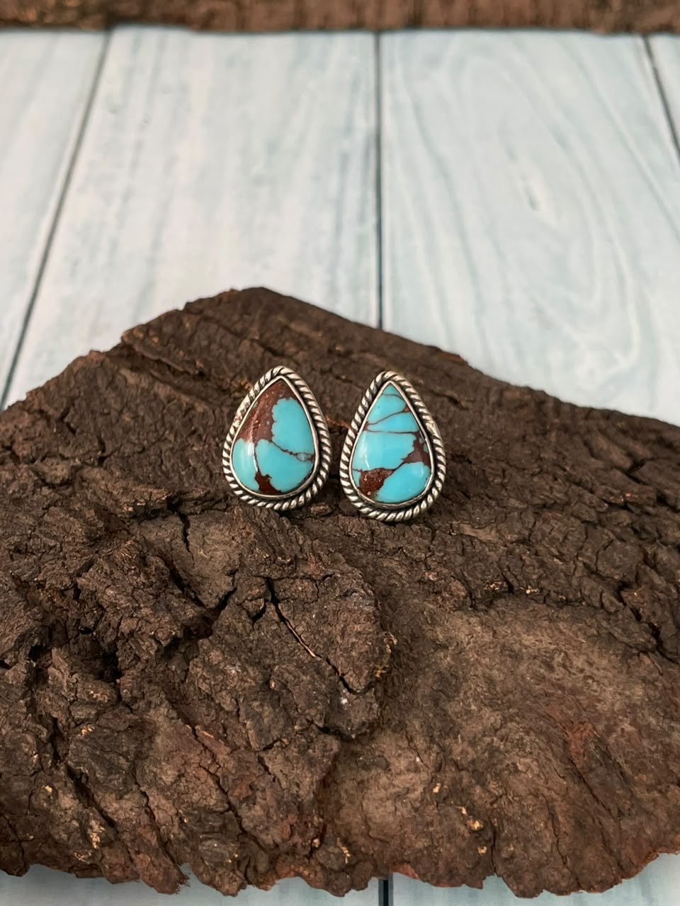 Handmade Sterling Silver Egyptian Turquoise Collection: Post Studs Earrings Signed Nizhonif